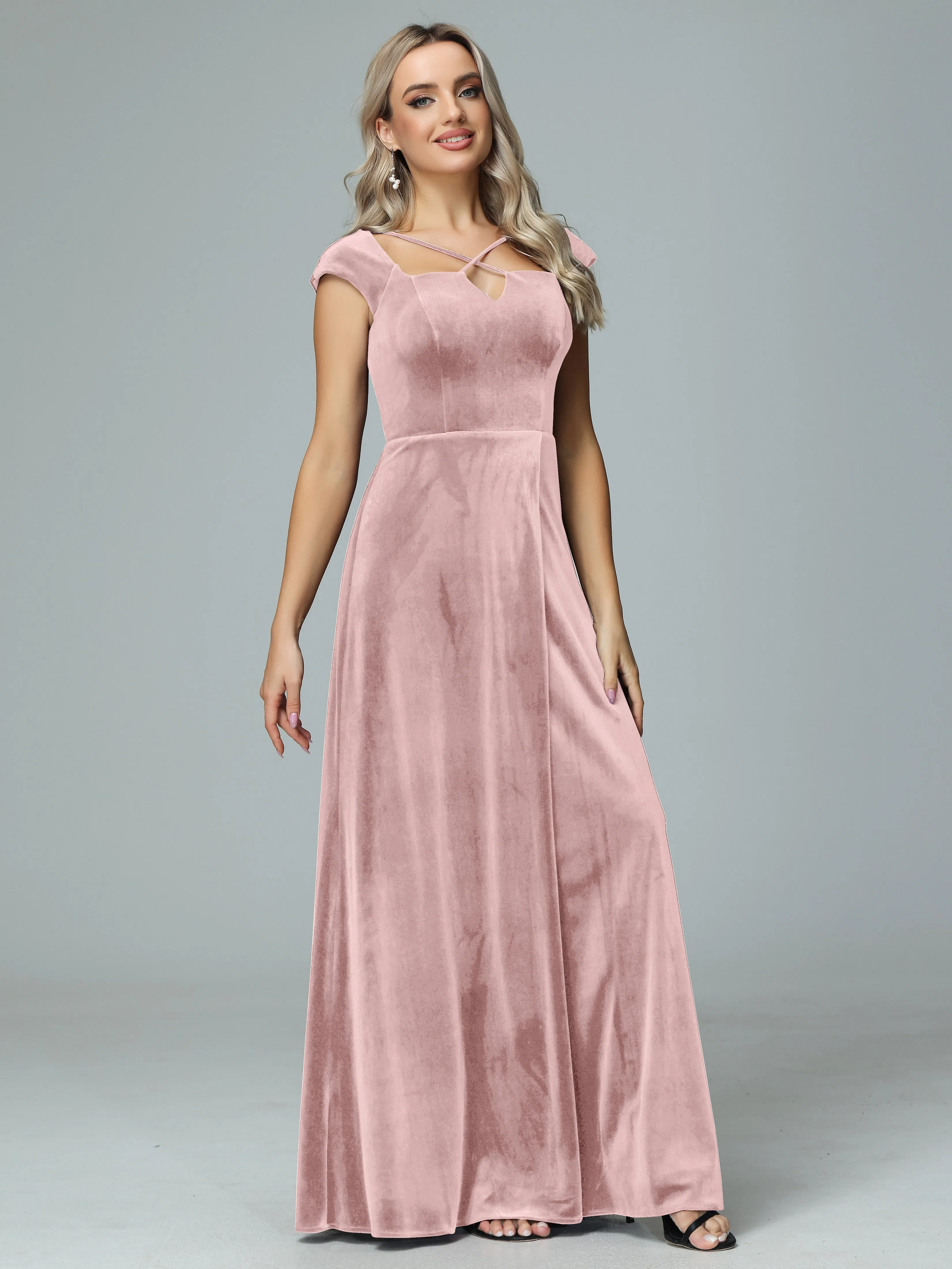 Vintage A-line Cap Sleeves Velvet Bridesmaid Dresses