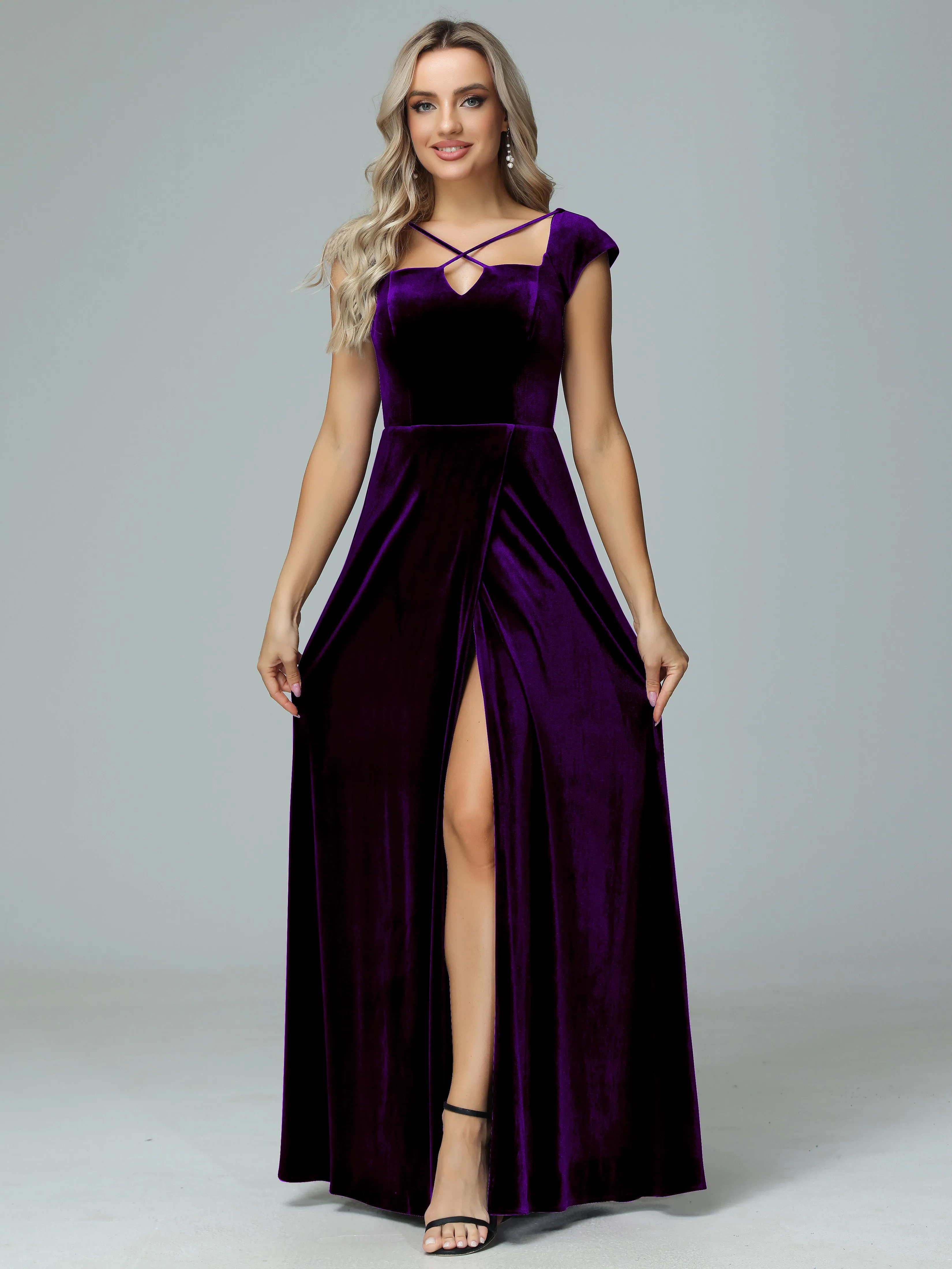 Vintage A-line Cap Sleeves Velvet Bridesmaid Dresses