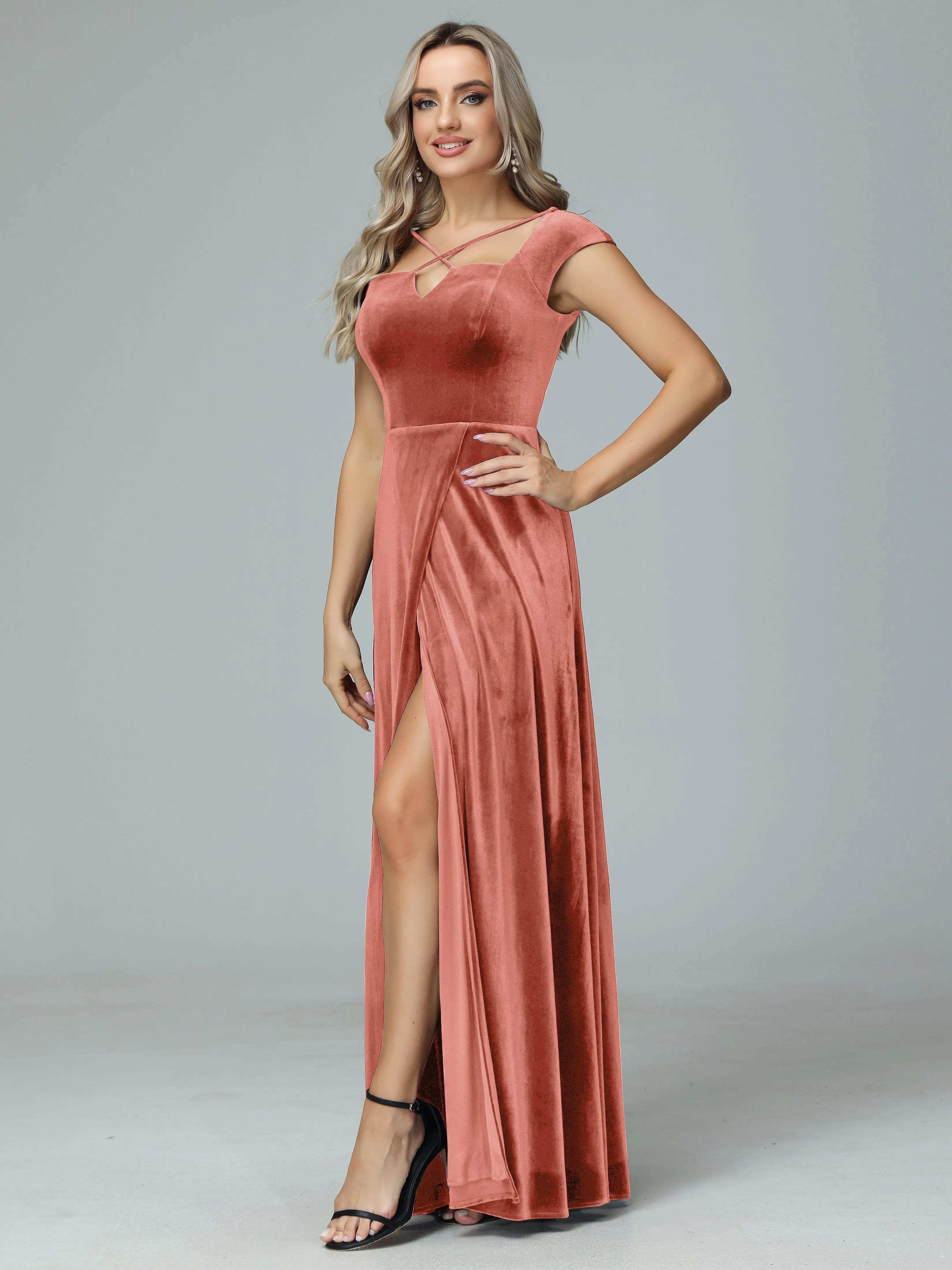 Vintage A-line Cap Sleeves Velvet Bridesmaid Dresses