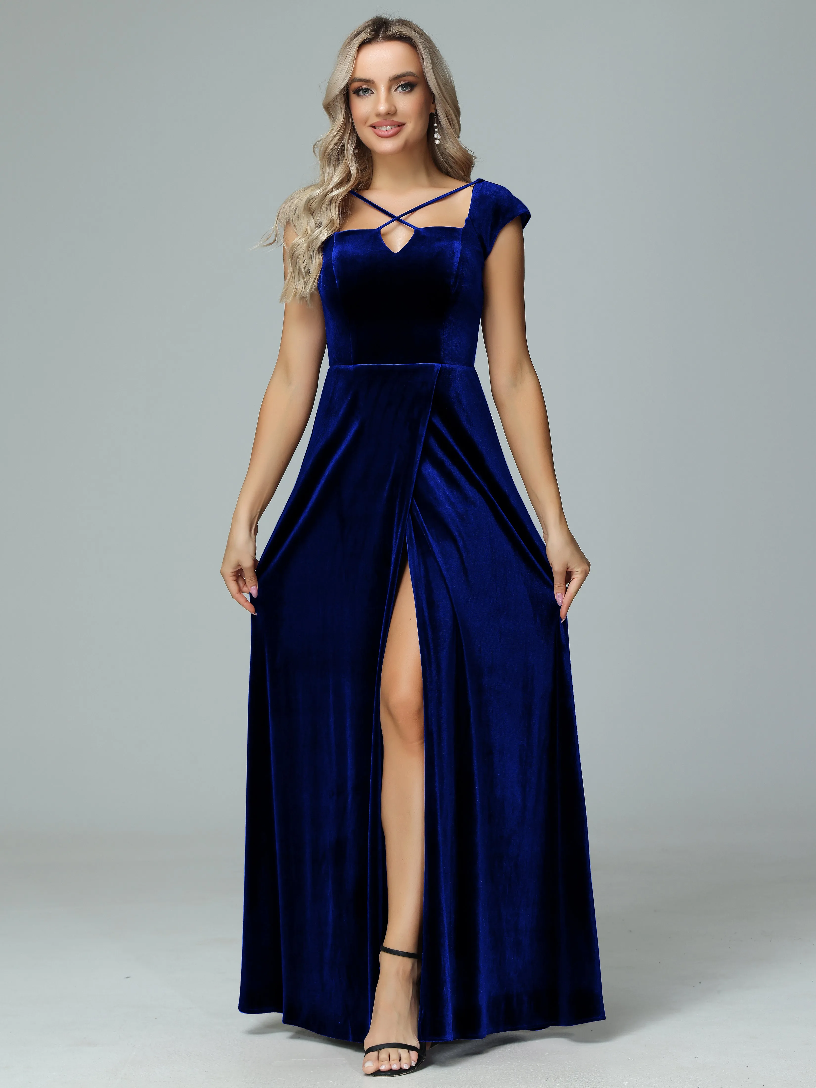 Vintage A-line Cap Sleeves Velvet Bridesmaid Dresses