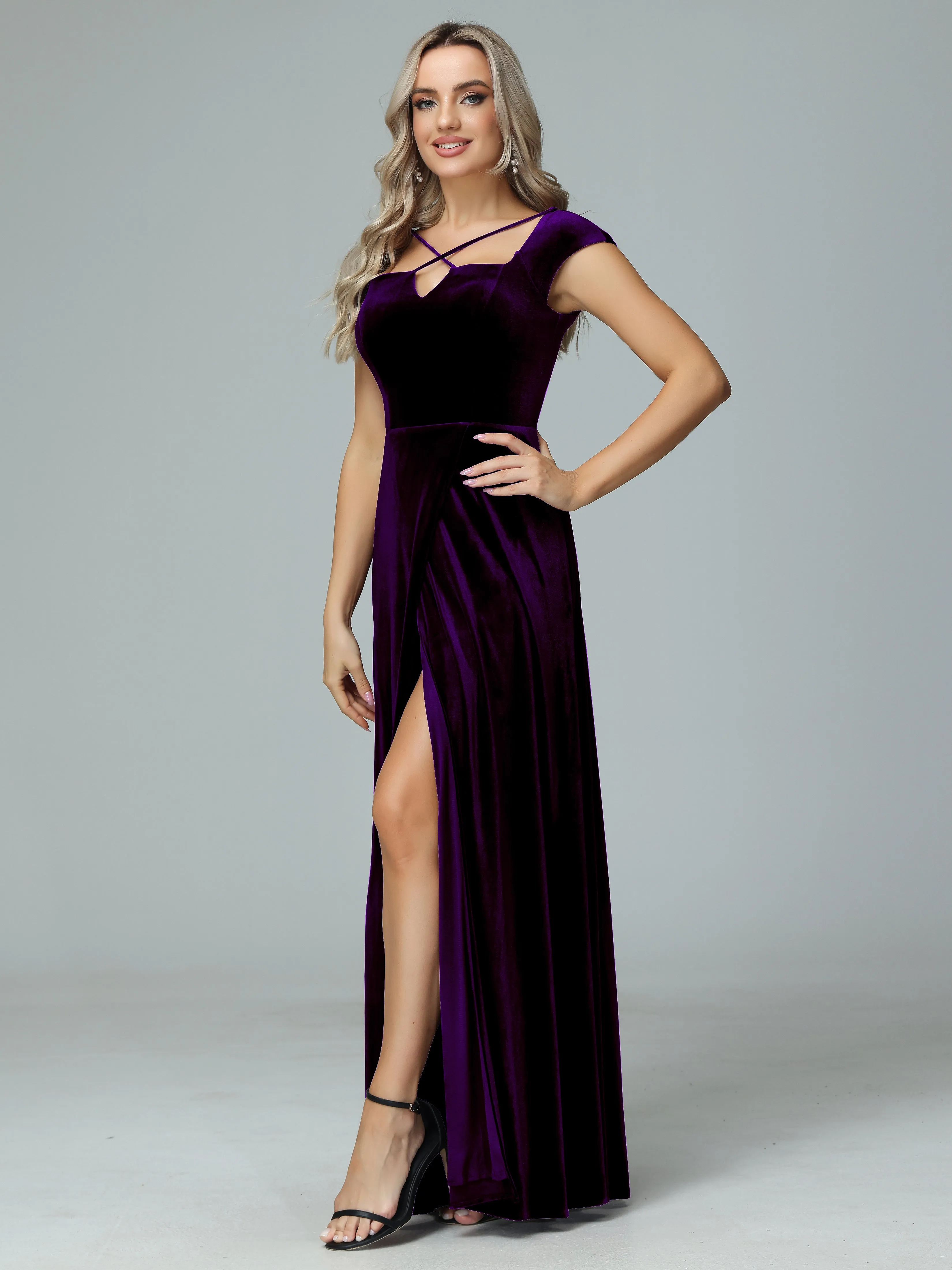 Vintage A-line Cap Sleeves Velvet Bridesmaid Dresses