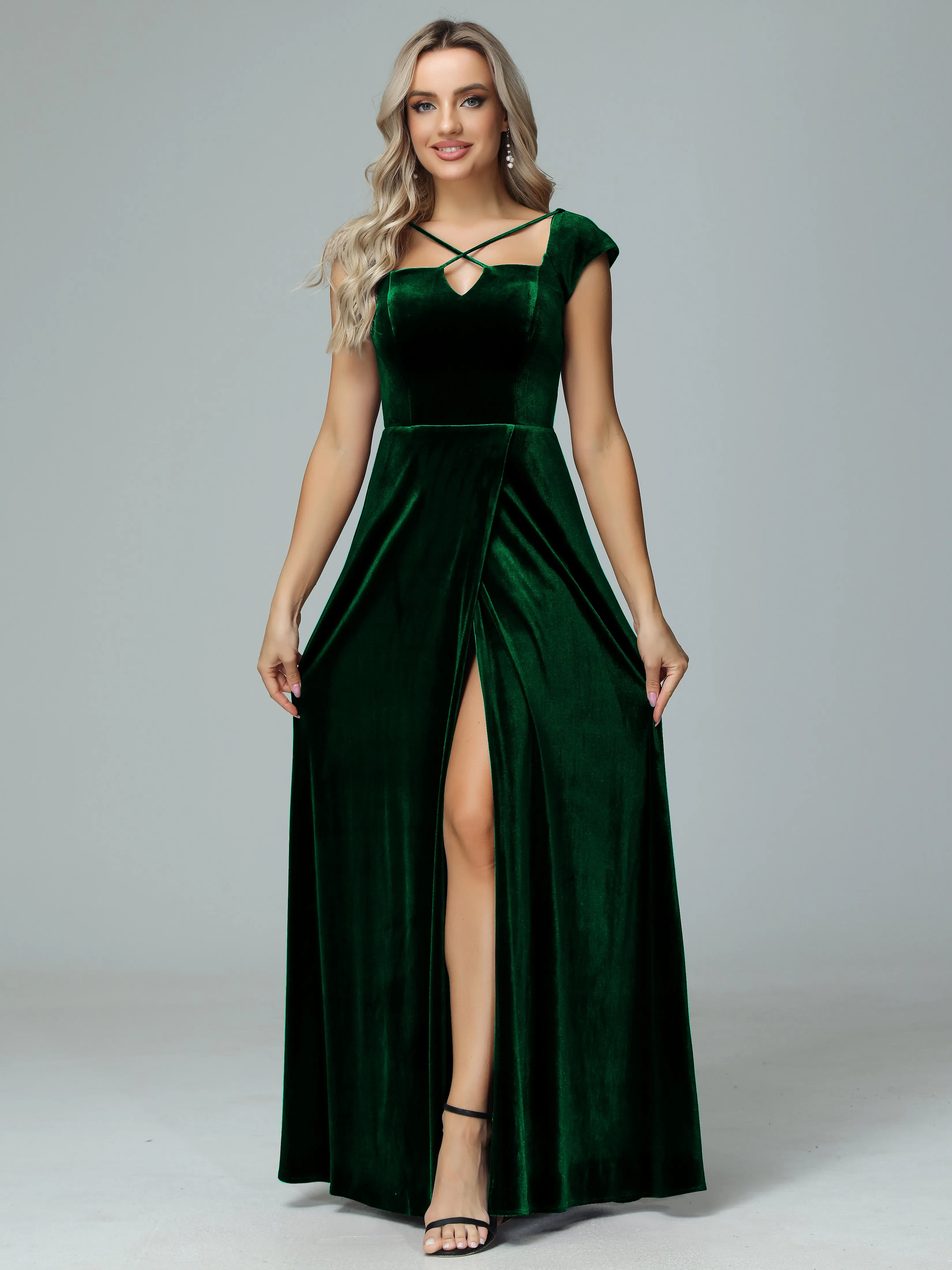 Vintage A-line Cap Sleeves Velvet Bridesmaid Dresses