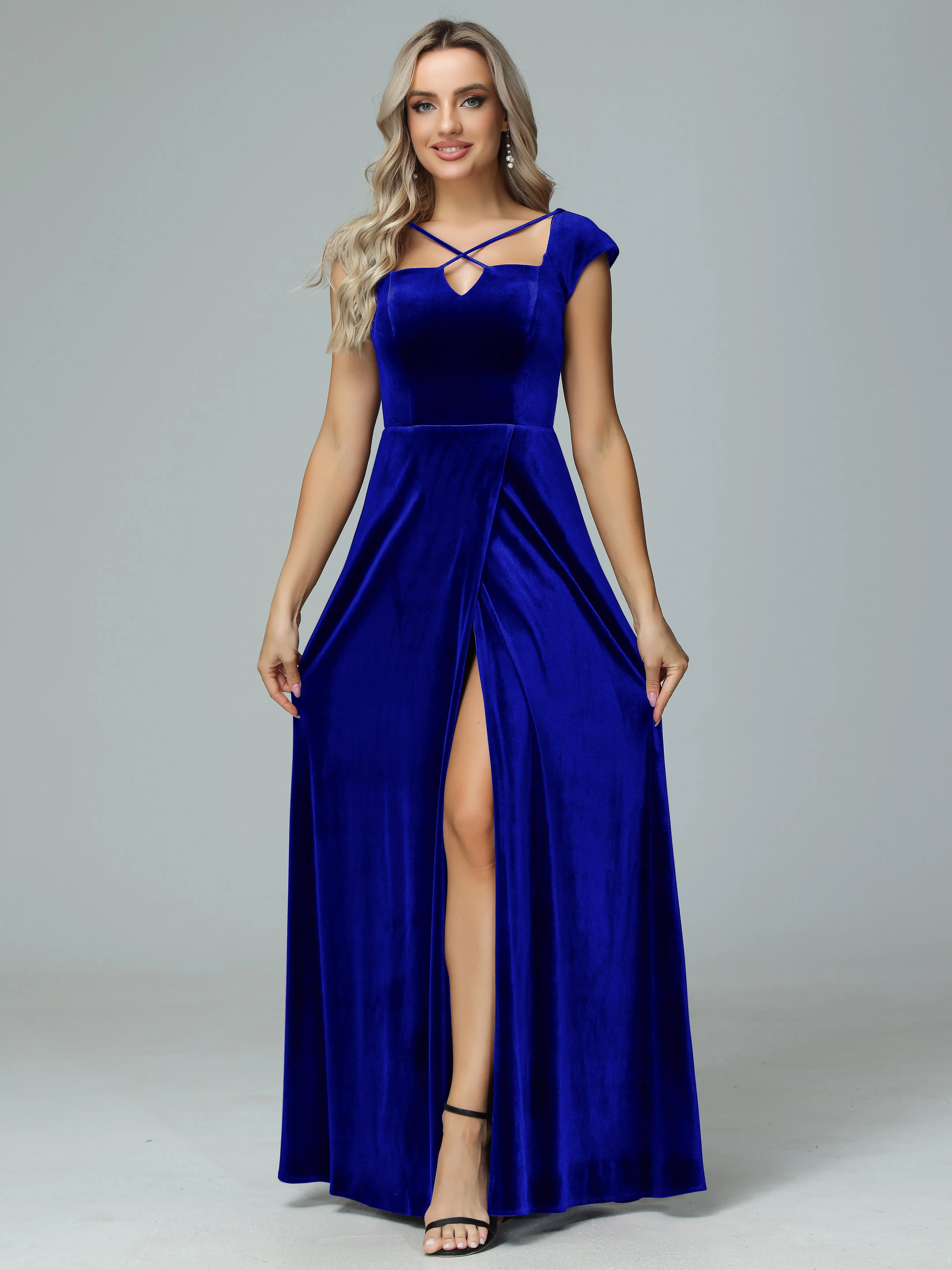 Vintage A-line Cap Sleeves Velvet Bridesmaid Dresses