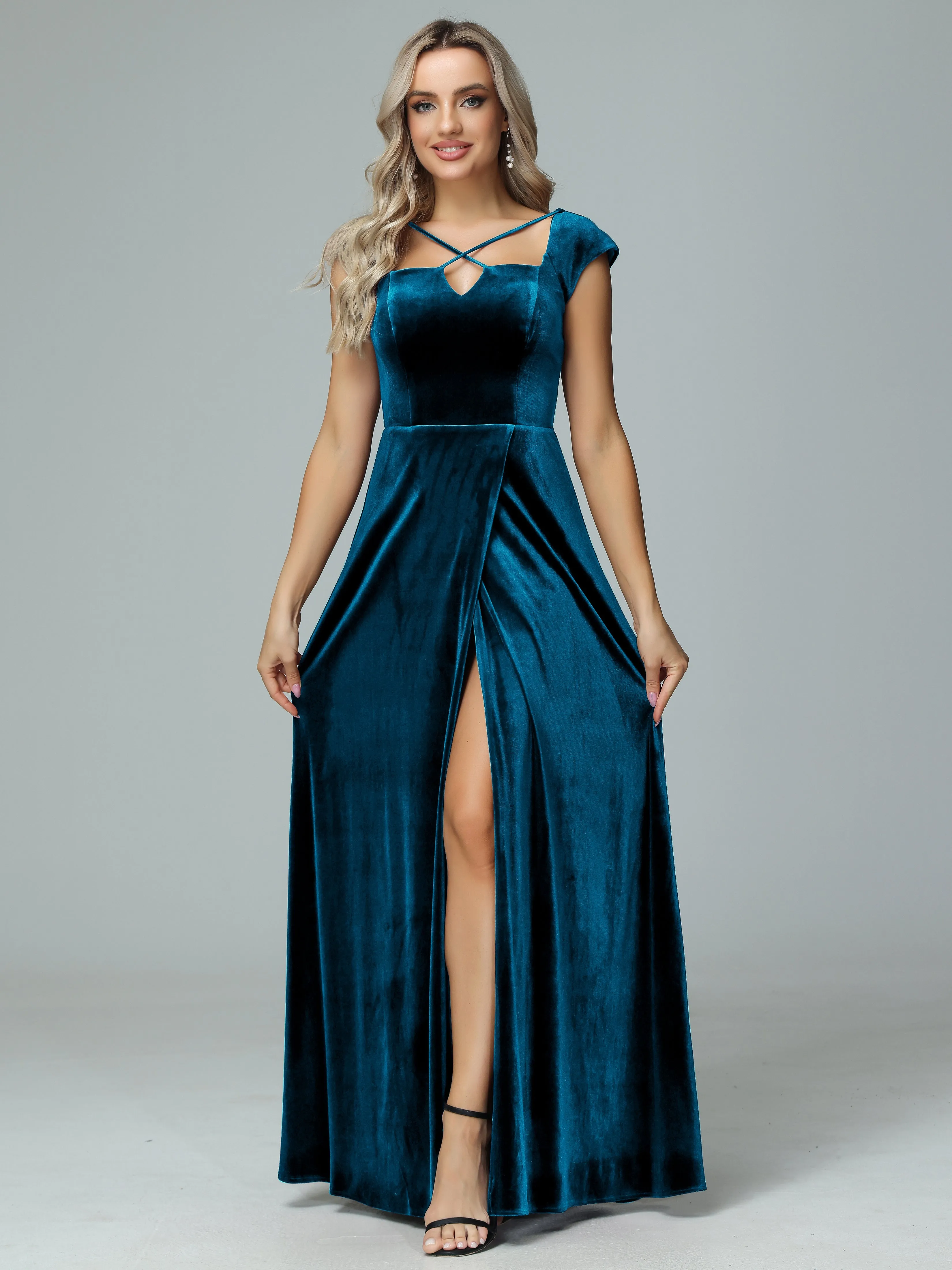 Vintage A-line Cap Sleeves Velvet Bridesmaid Dresses