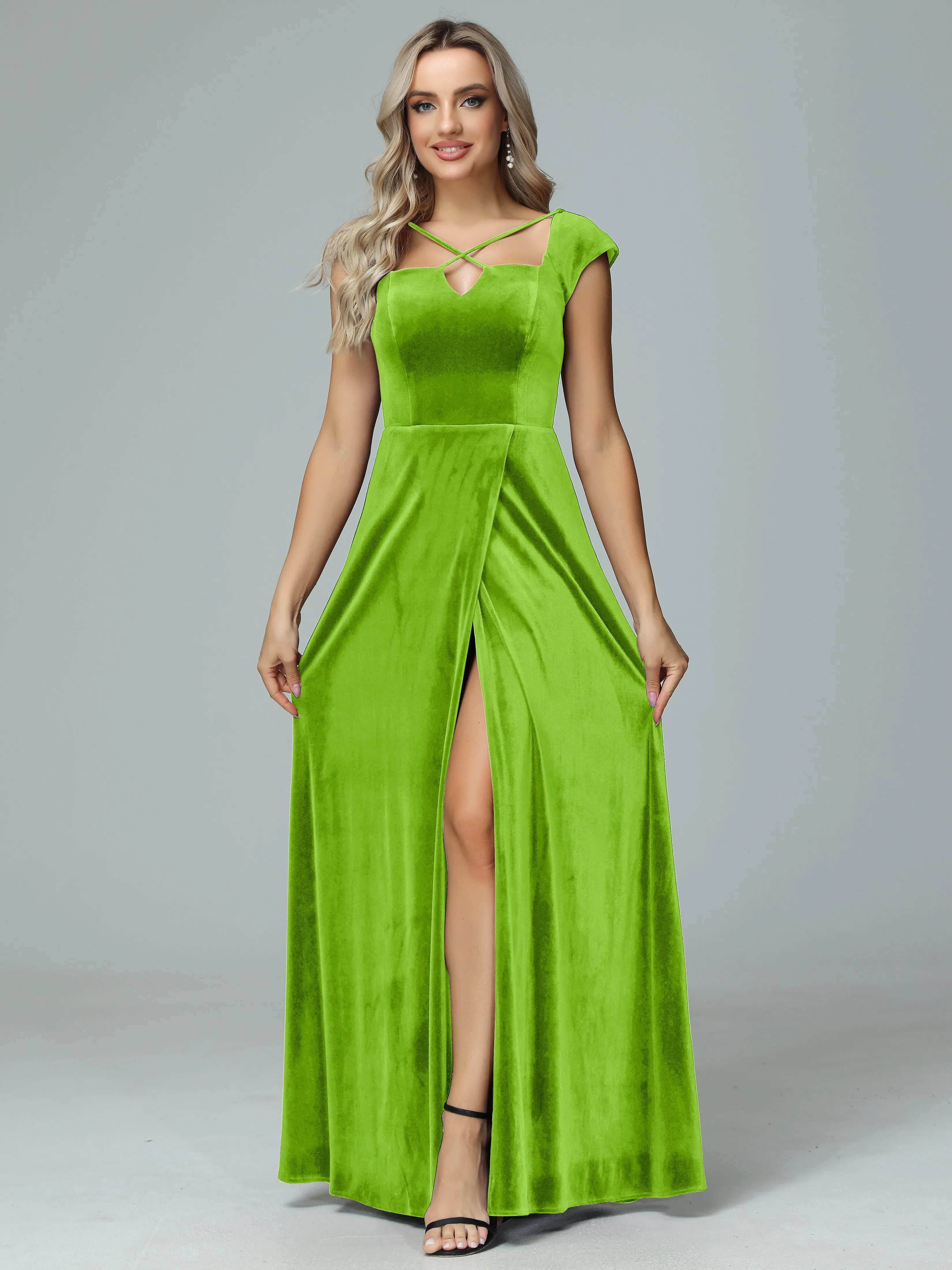 Vintage A-line Cap Sleeves Velvet Bridesmaid Dresses