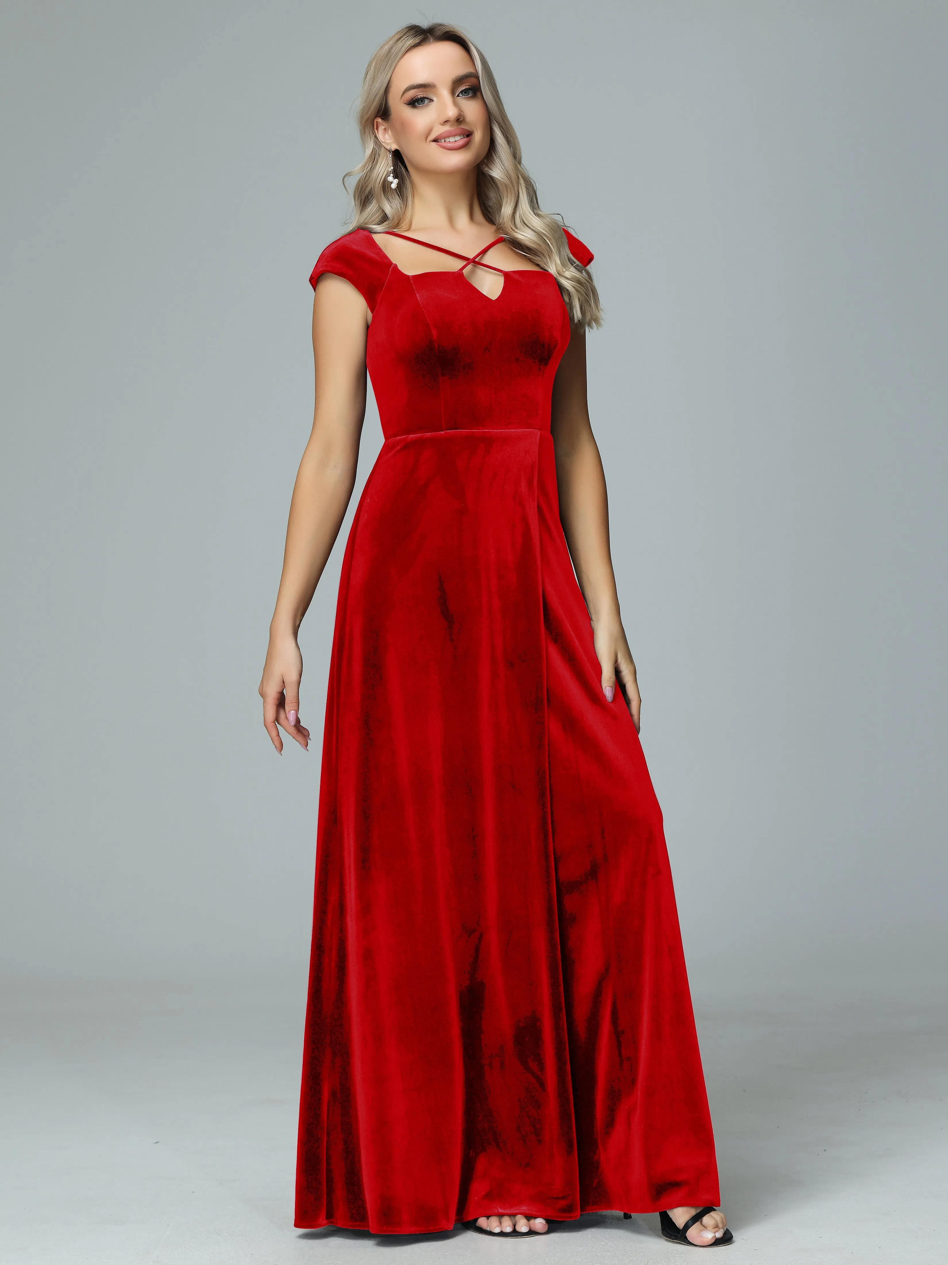 Vintage A-line Cap Sleeves Velvet Bridesmaid Dresses