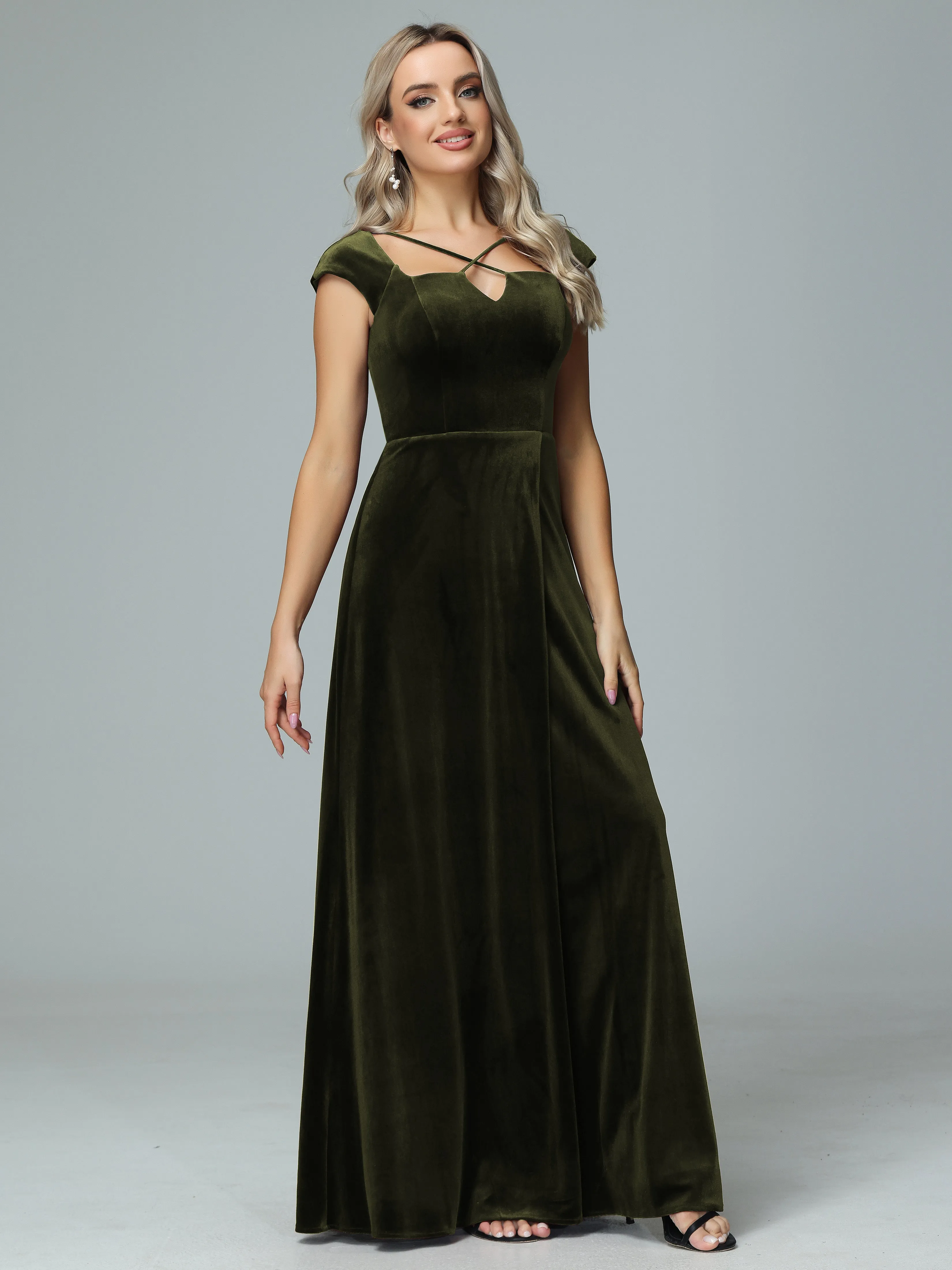 Vintage A-line Cap Sleeves Velvet Bridesmaid Dresses