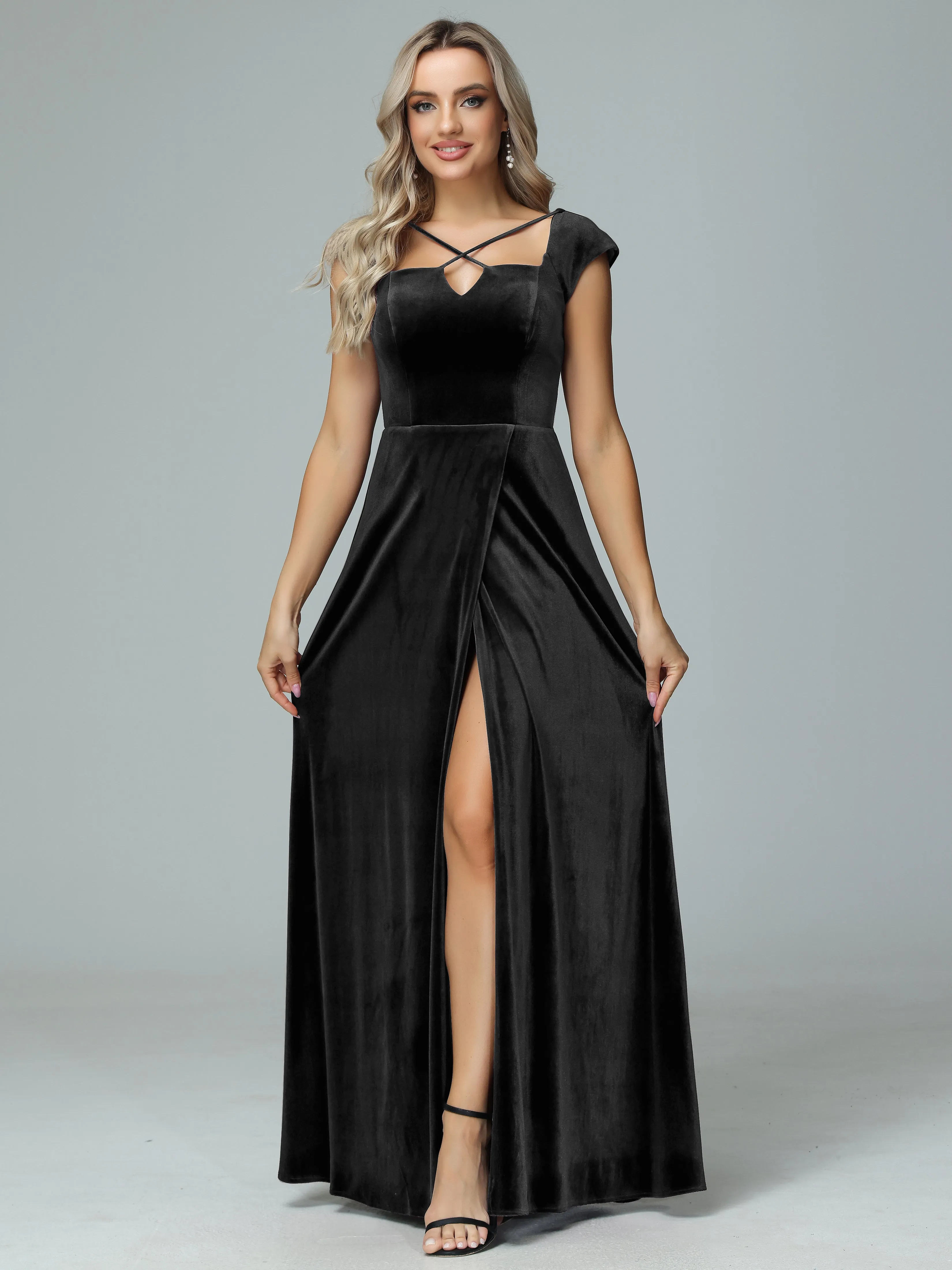 Vintage A-line Cap Sleeves Velvet Bridesmaid Dresses
