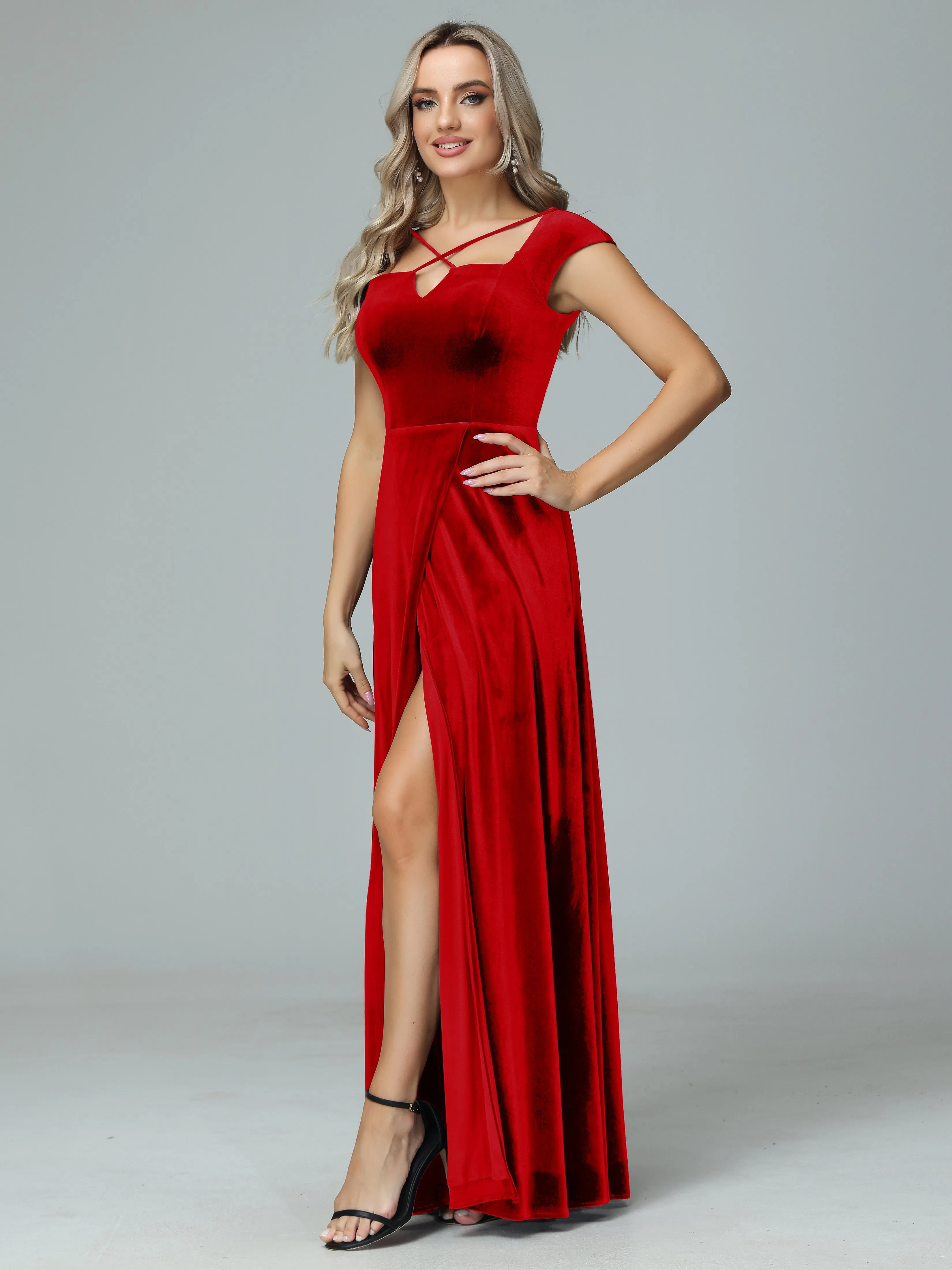 Vintage A-line Cap Sleeves Velvet Bridesmaid Dresses