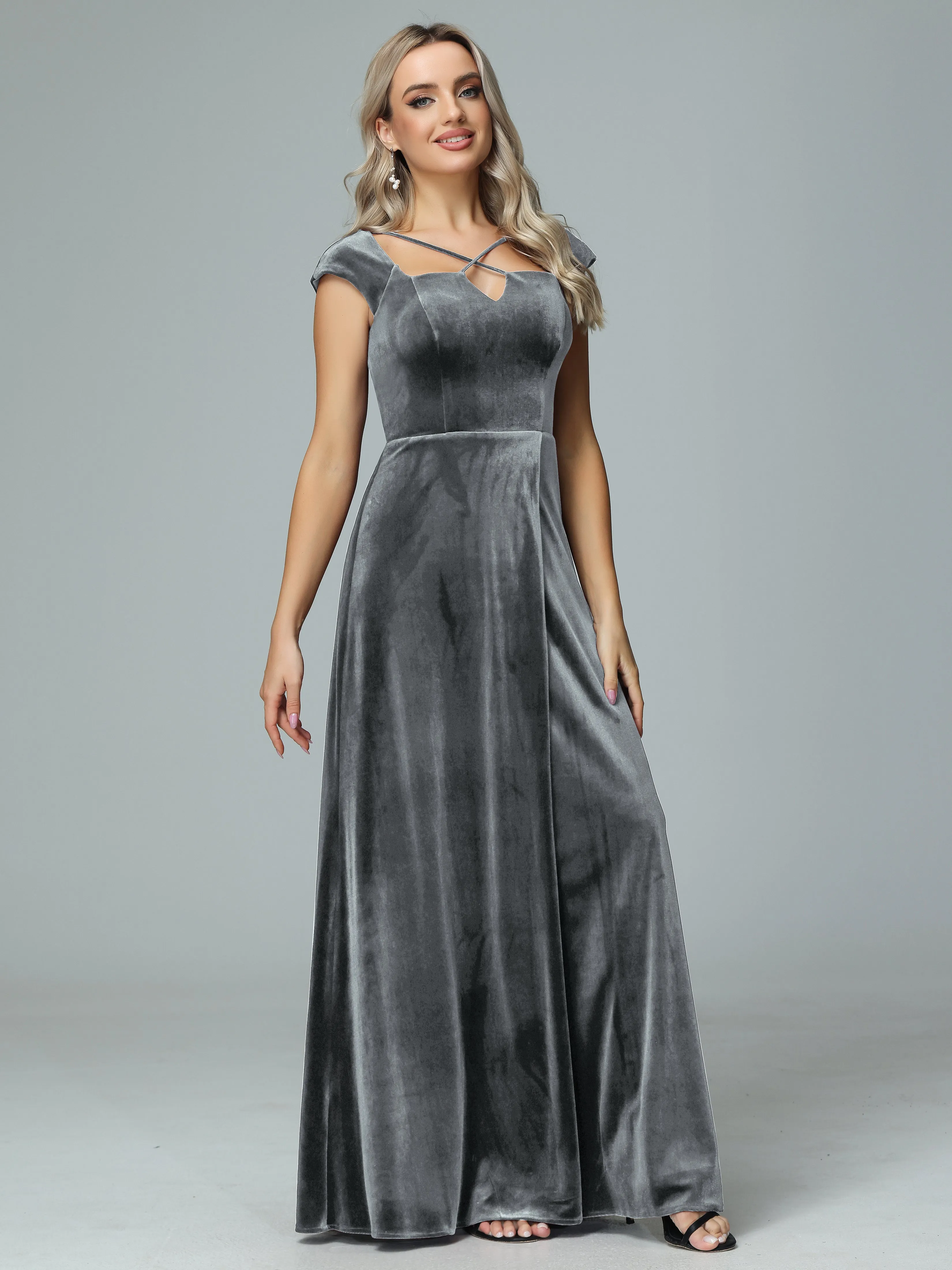 Vintage A-line Cap Sleeves Velvet Bridesmaid Dresses