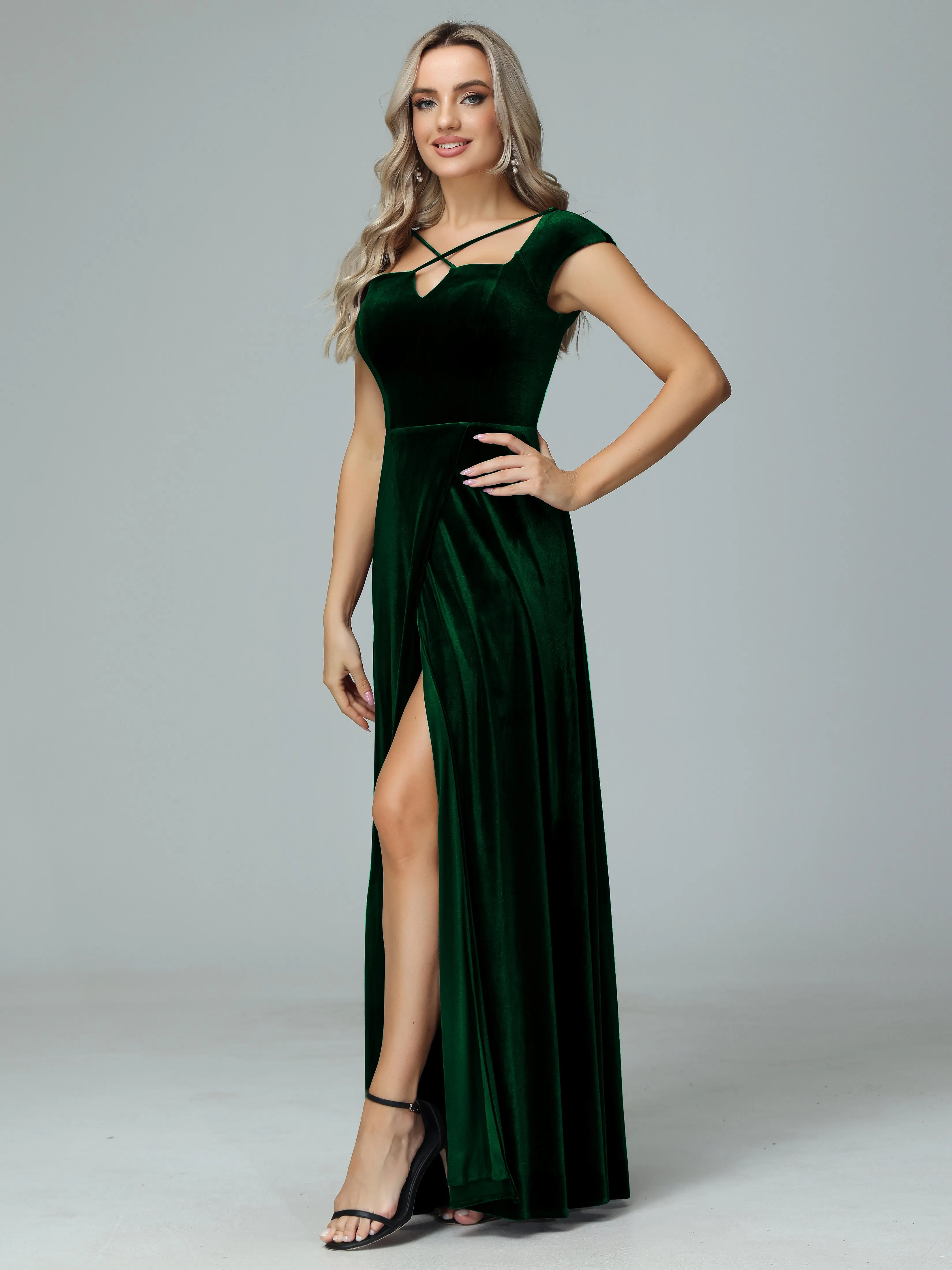 Vintage A-line Cap Sleeves Velvet Bridesmaid Dresses