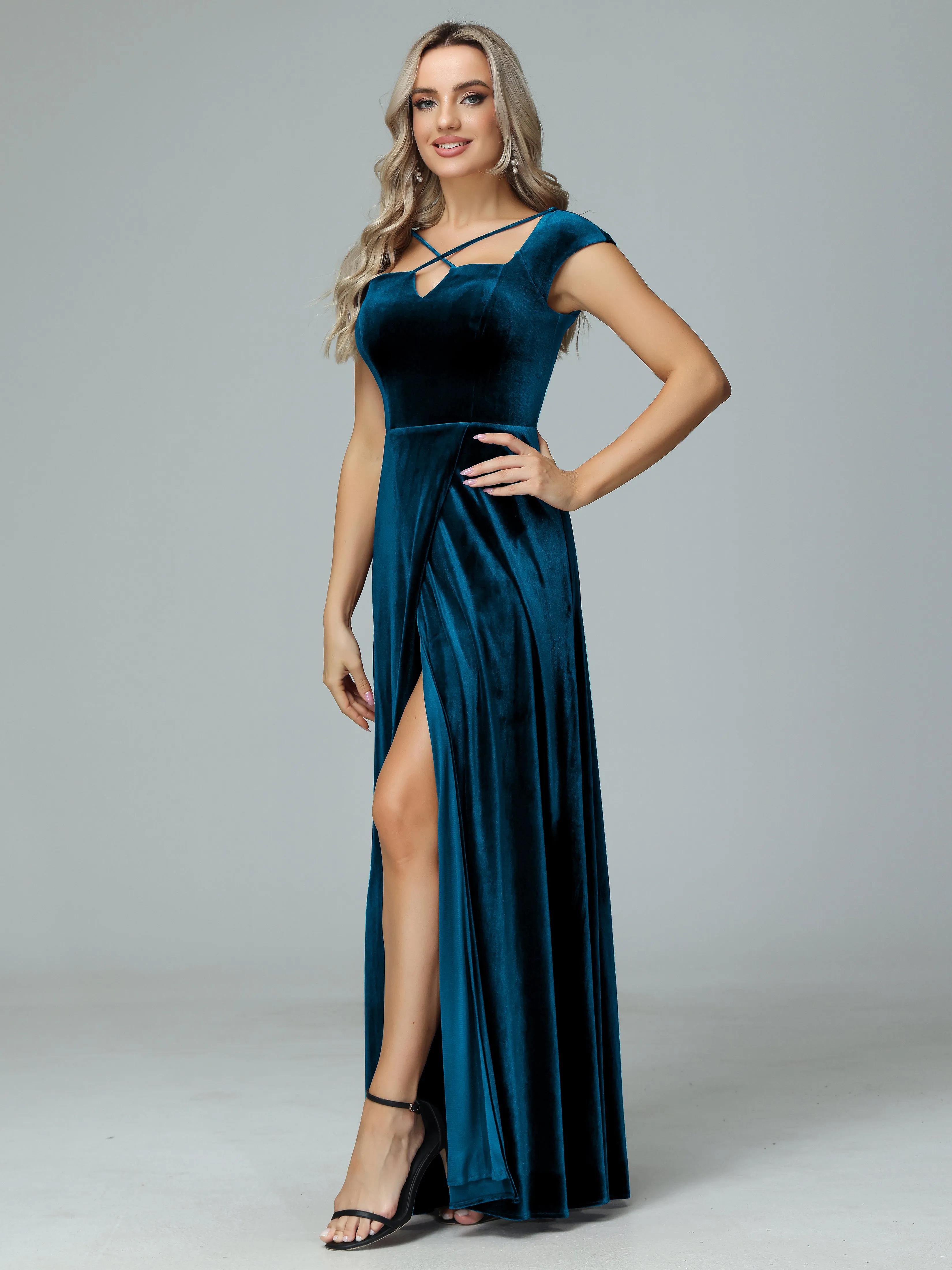 Vintage A-line Cap Sleeves Velvet Bridesmaid Dresses