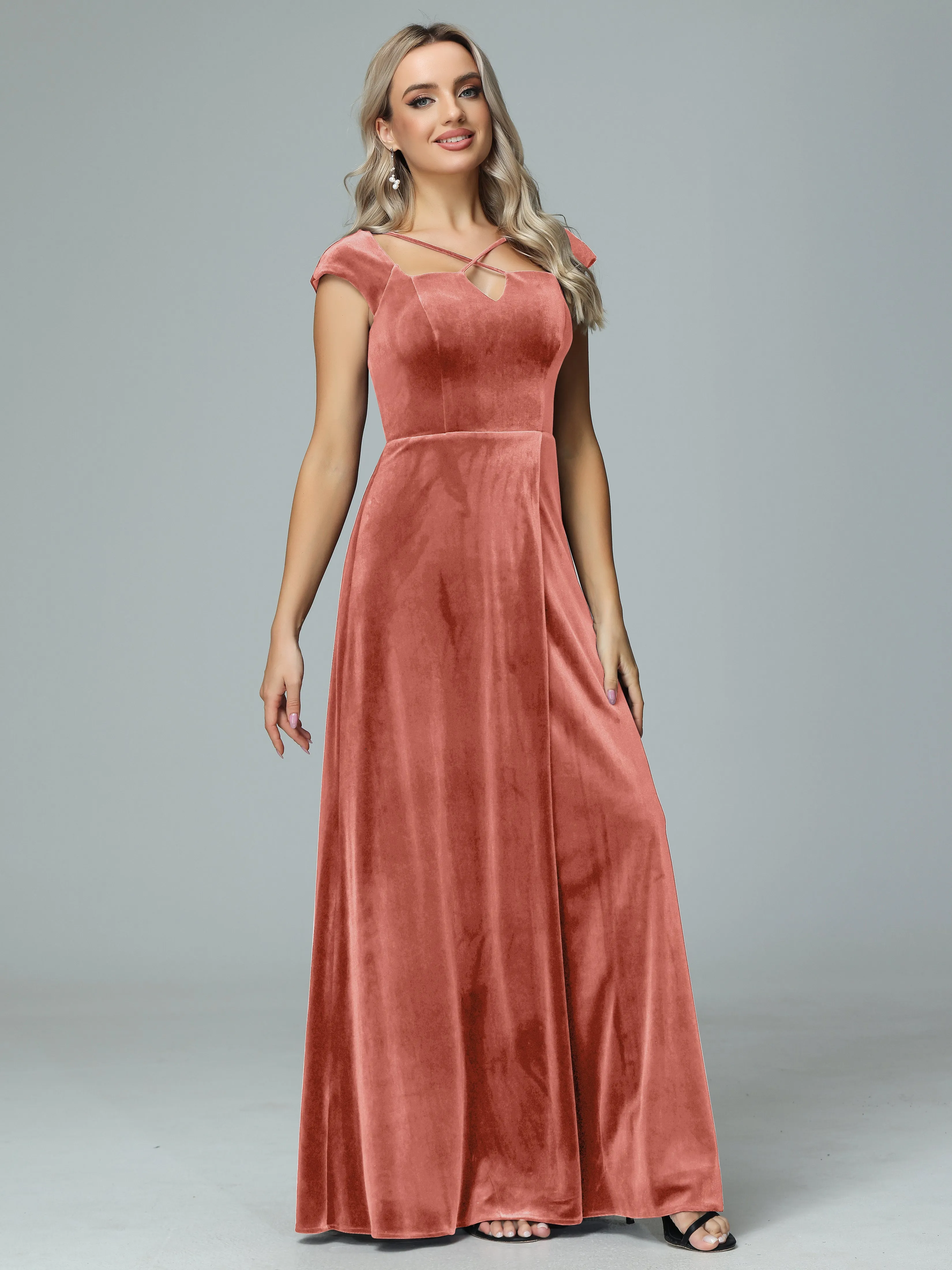 Vintage A-line Cap Sleeves Velvet Bridesmaid Dresses