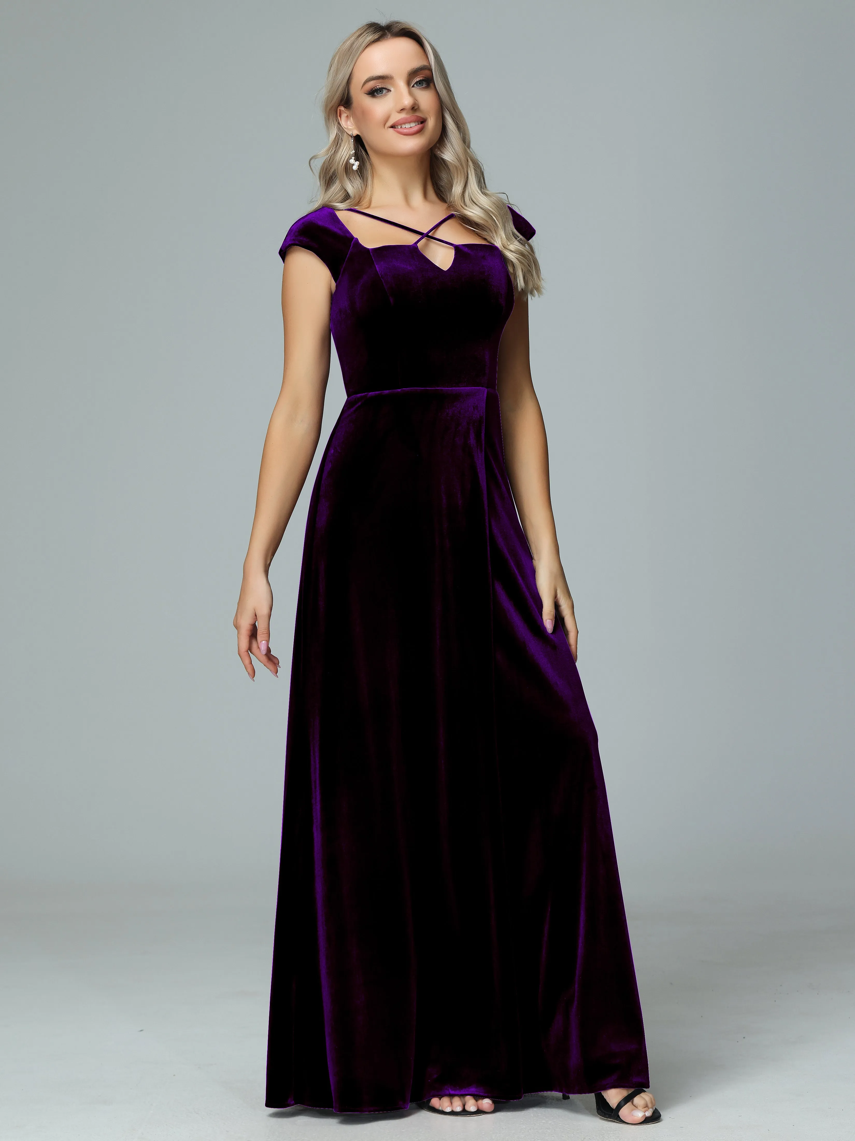 Vintage A-line Cap Sleeves Velvet Bridesmaid Dresses