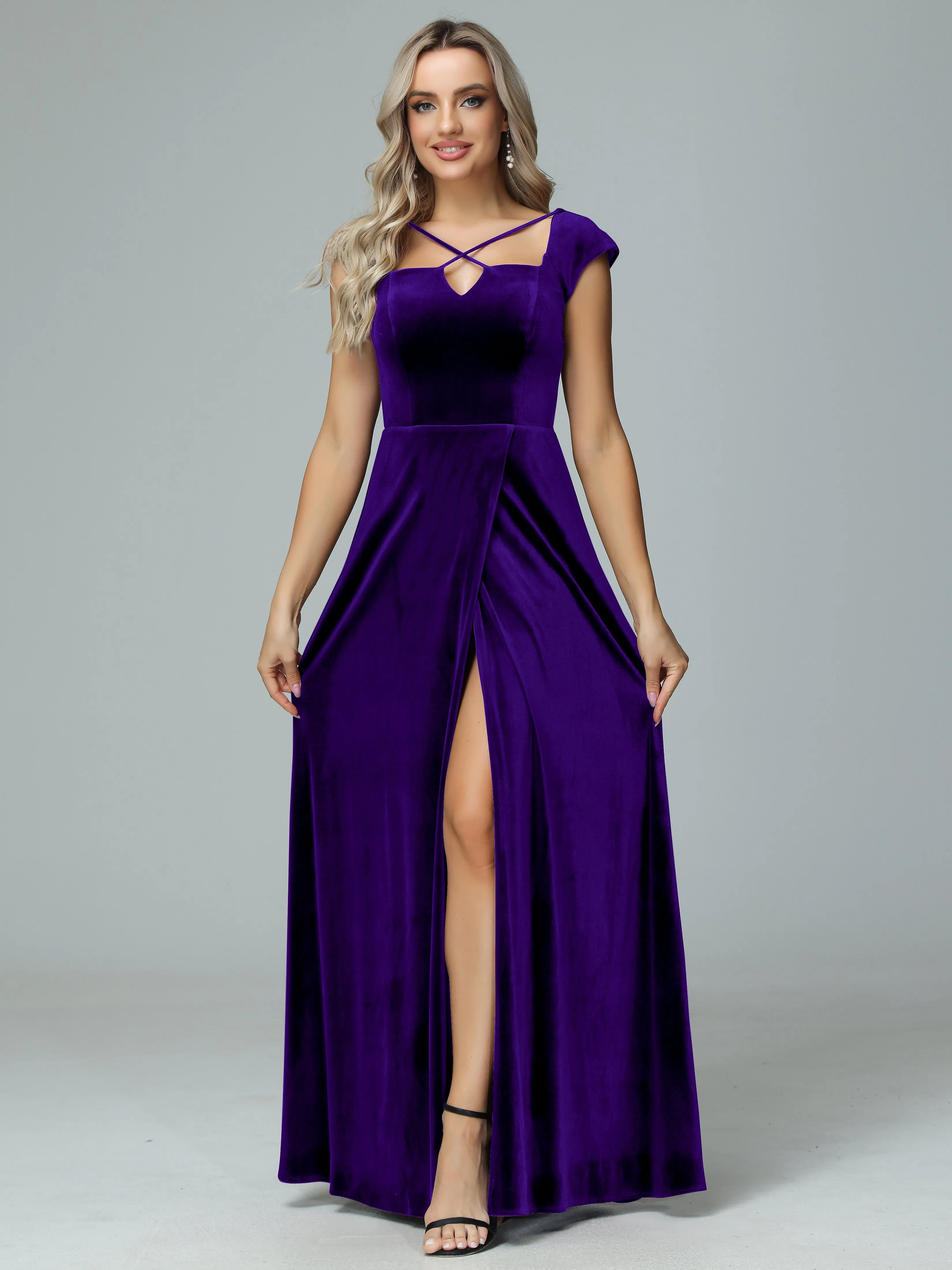 Vintage A-line Cap Sleeves Velvet Bridesmaid Dresses