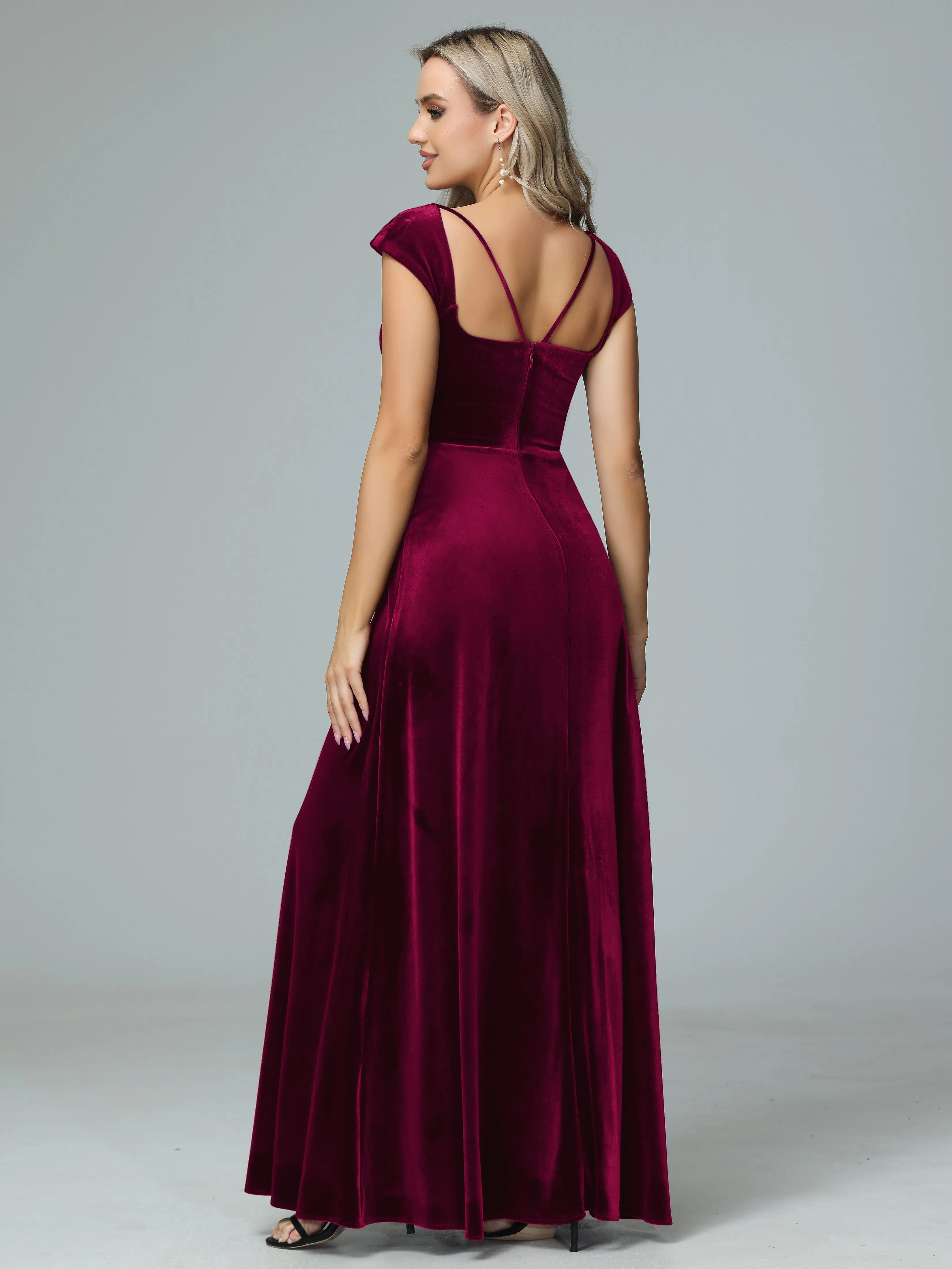 Vintage A-line Cap Sleeves Velvet Bridesmaid Dresses