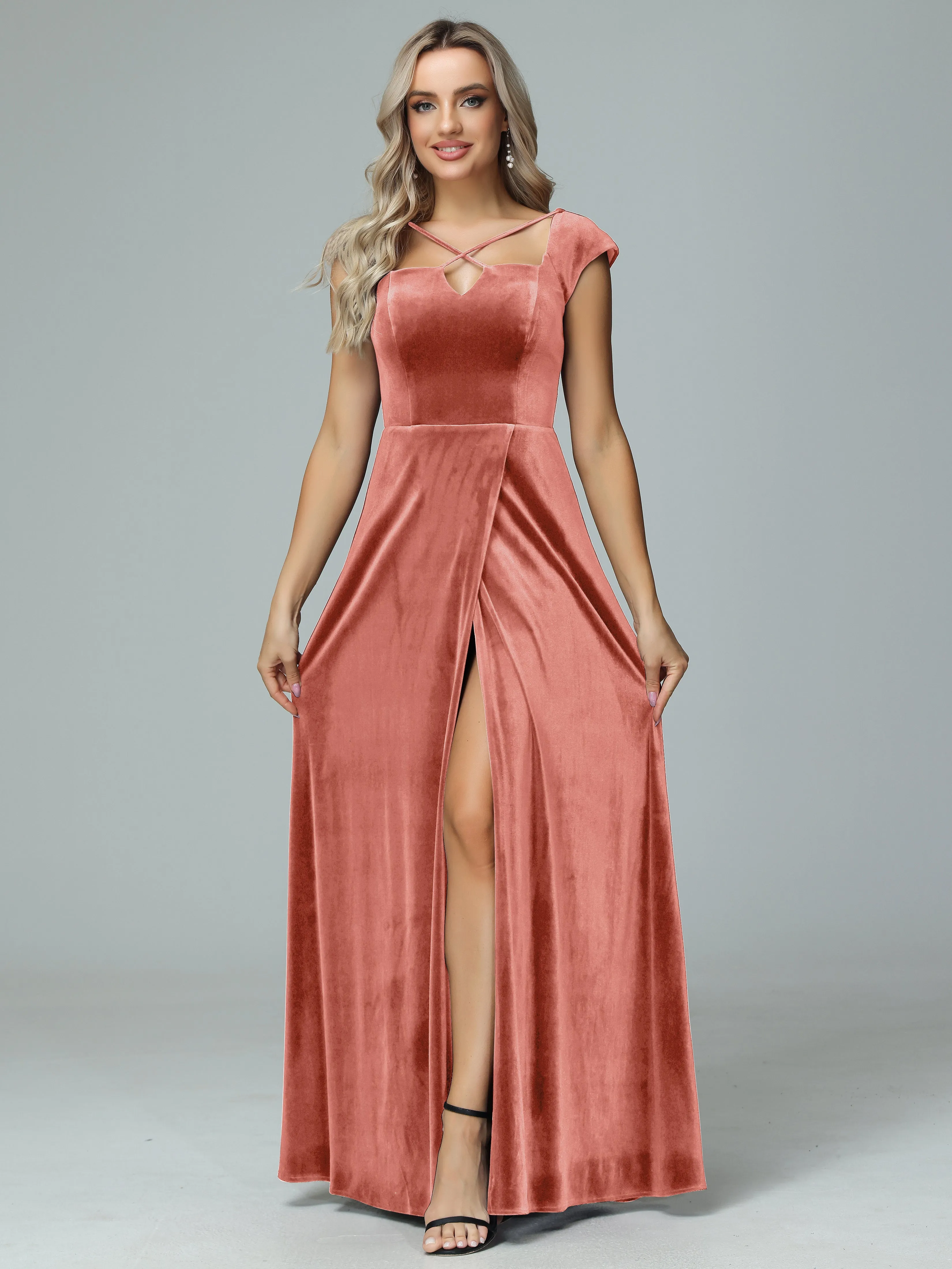 Vintage A-line Cap Sleeves Velvet Bridesmaid Dresses