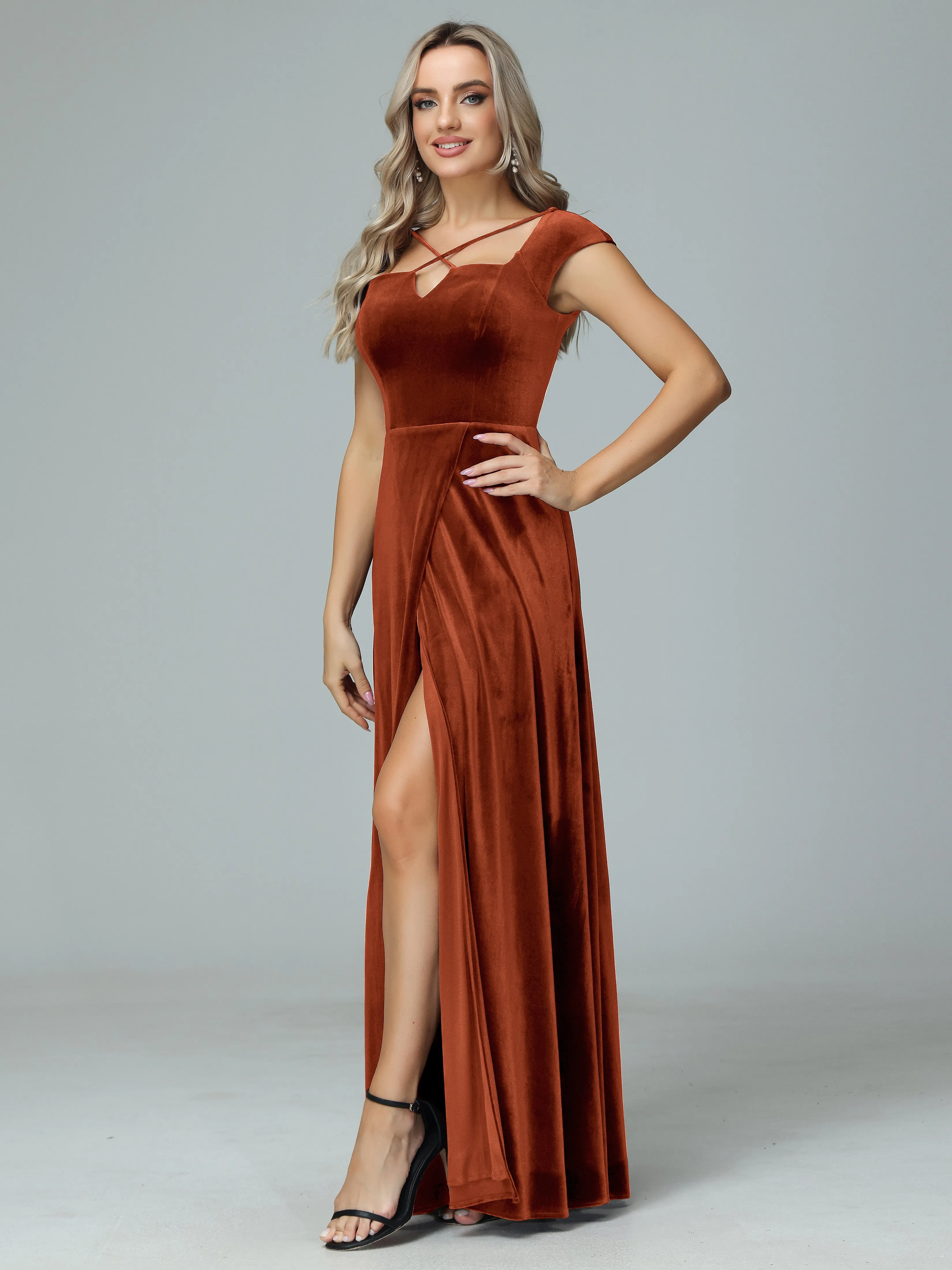 Vintage A-line Cap Sleeves Velvet Bridesmaid Dresses