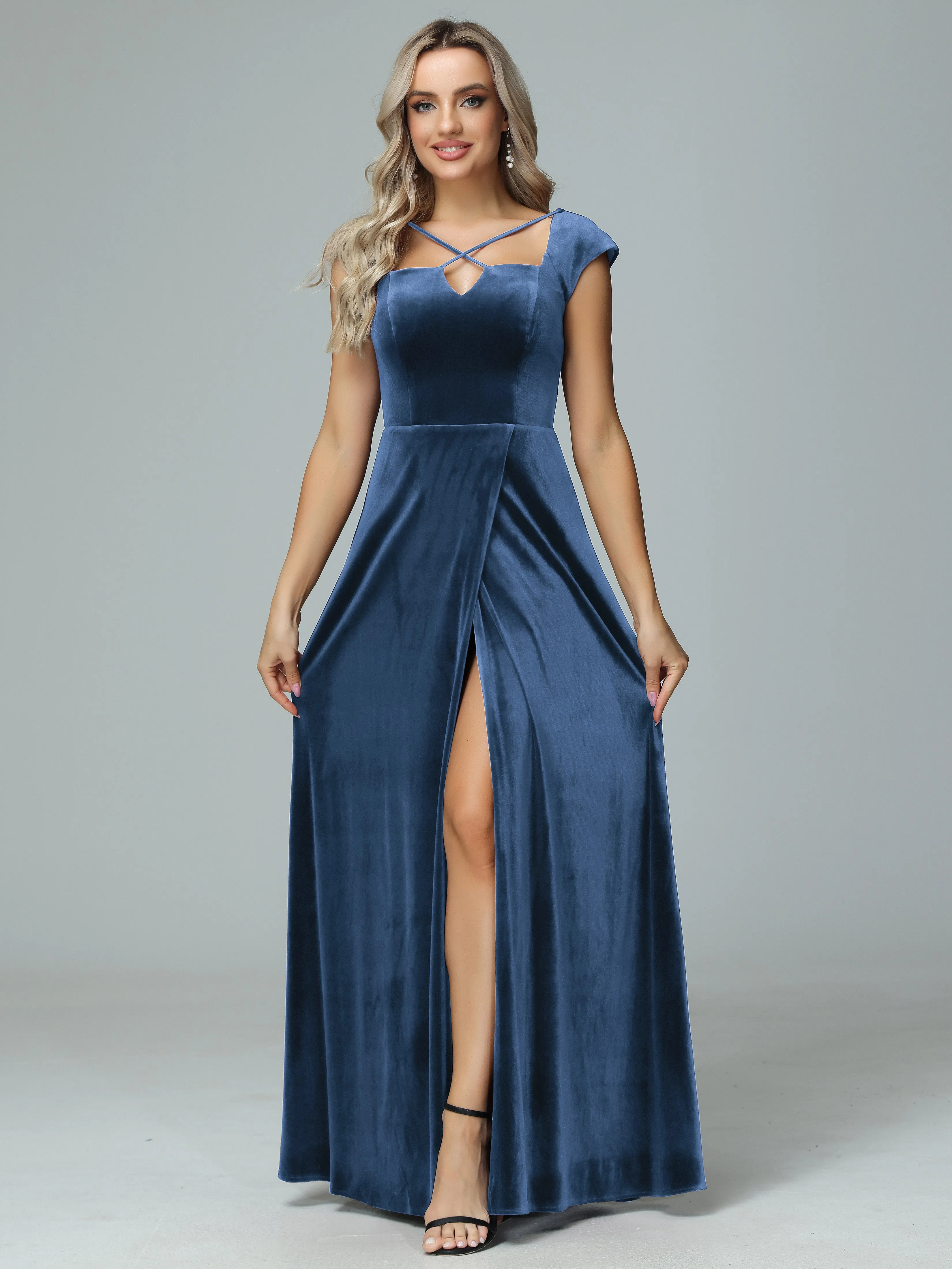 Vintage A-line Cap Sleeves Velvet Bridesmaid Dresses