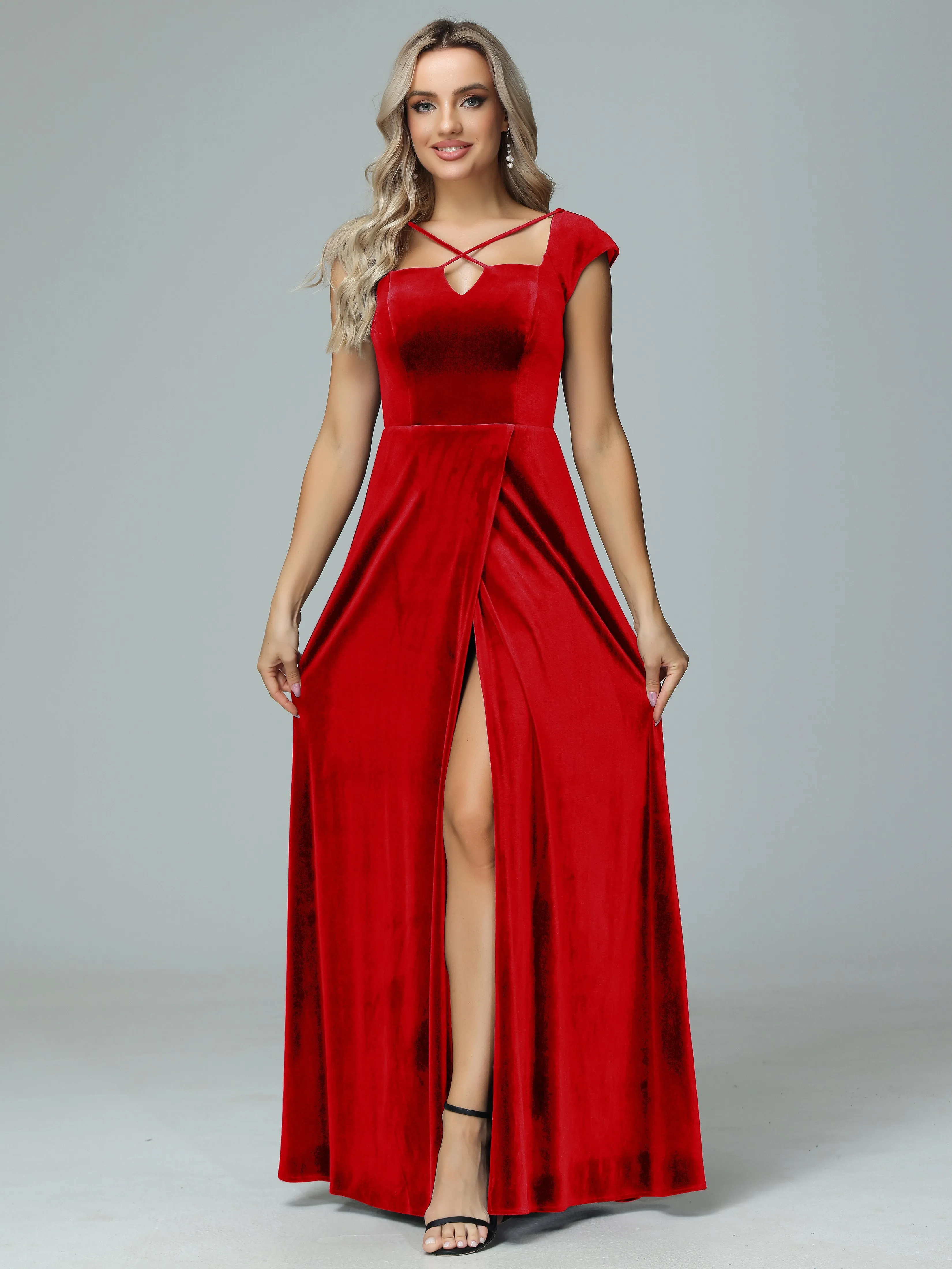 Vintage A-line Cap Sleeves Velvet Bridesmaid Dresses