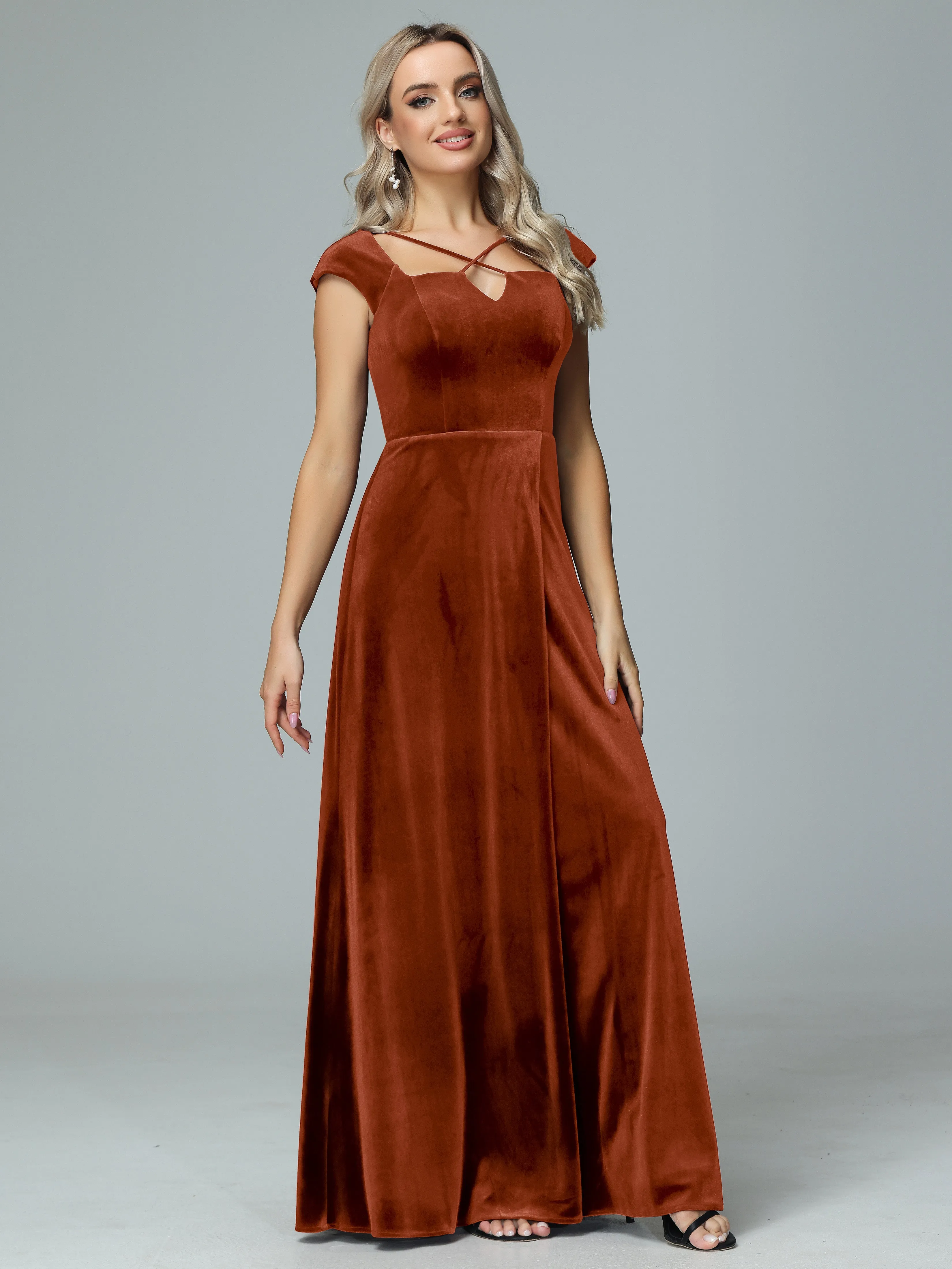 Vintage A-line Cap Sleeves Velvet Bridesmaid Dresses