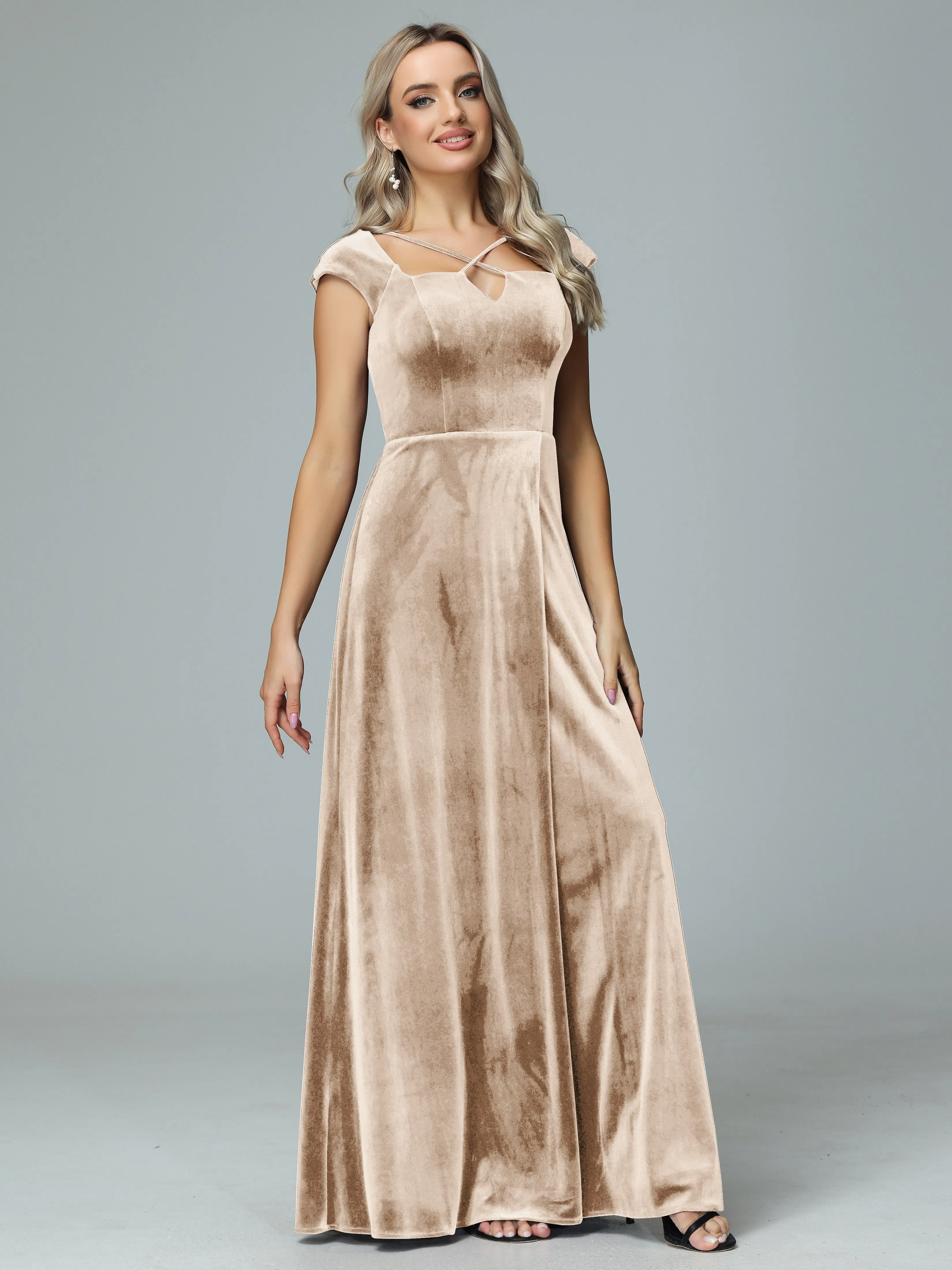 Vintage A-line Cap Sleeves Velvet Bridesmaid Dresses