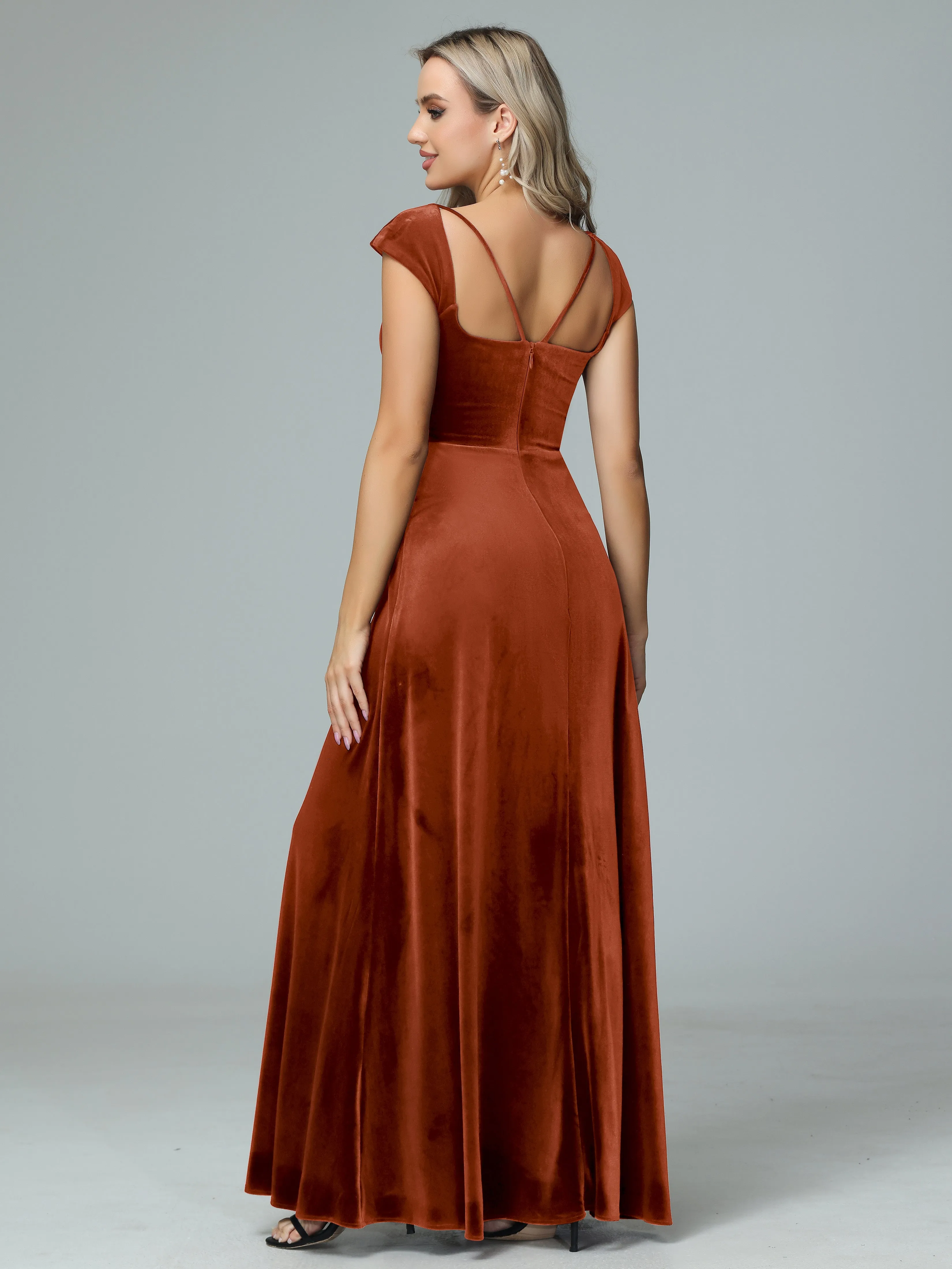 Vintage A-line Cap Sleeves Velvet Bridesmaid Dresses