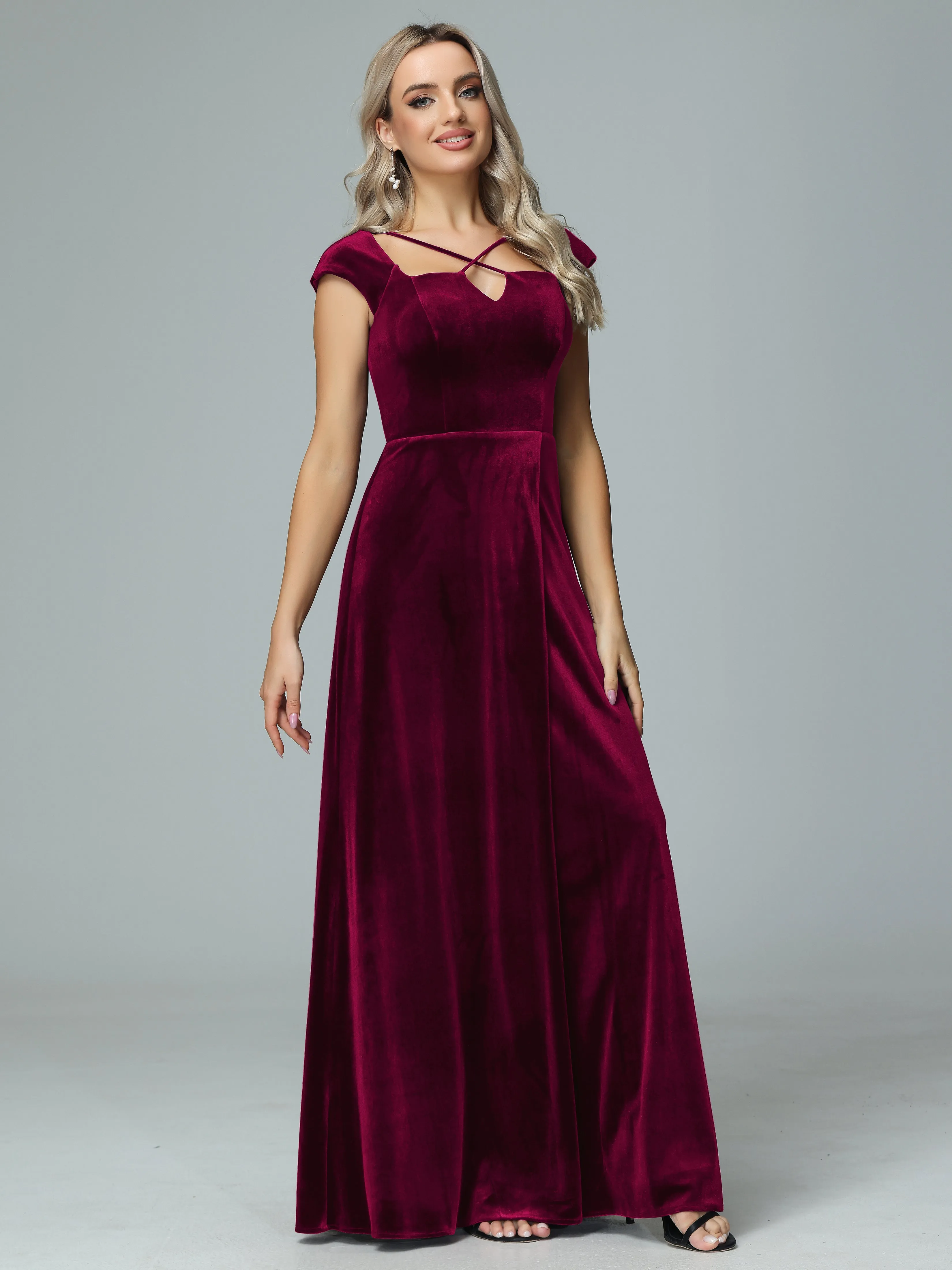 Vintage A-line Cap Sleeves Velvet Bridesmaid Dresses