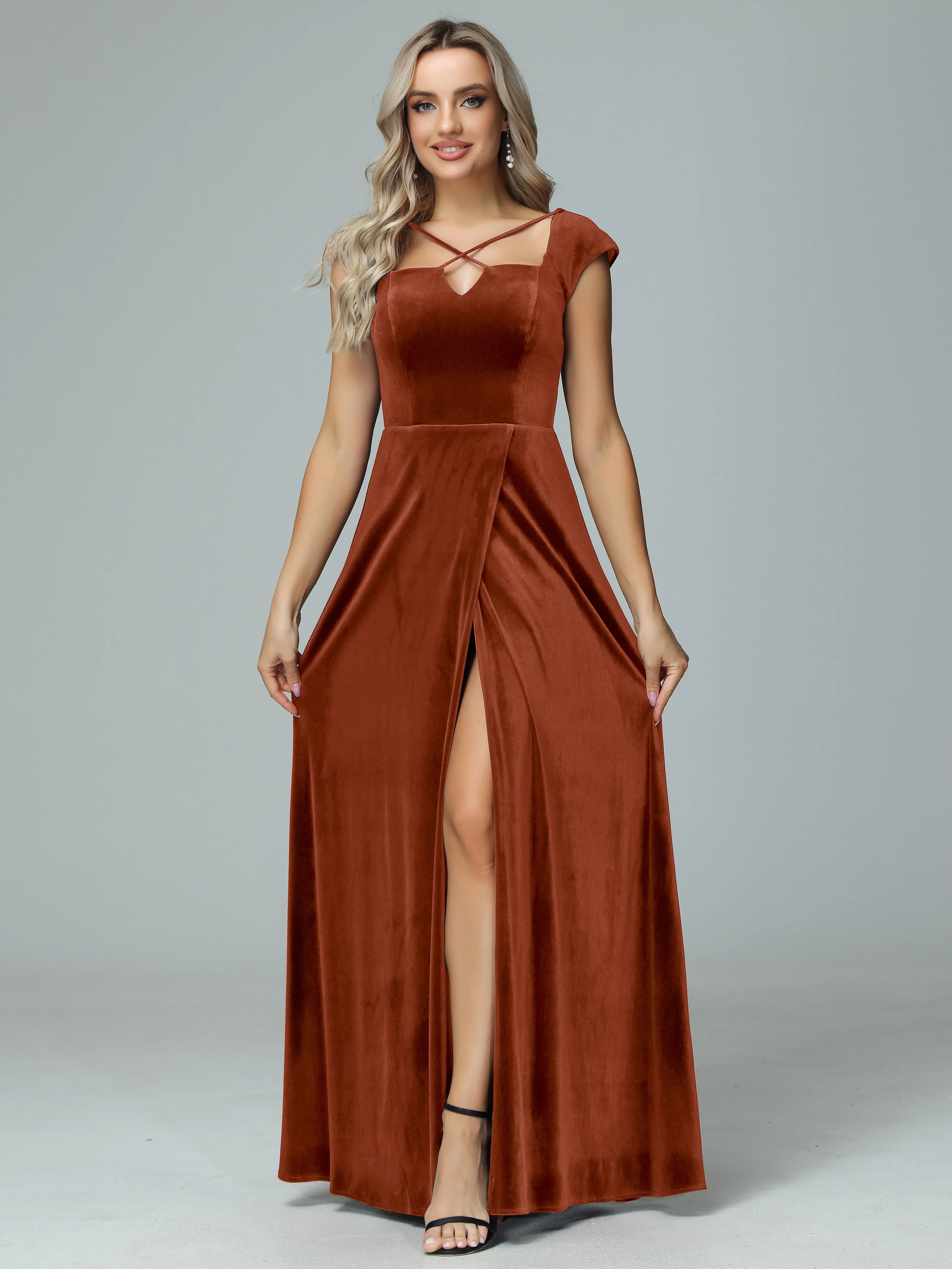 Vintage A-line Cap Sleeves Velvet Bridesmaid Dresses