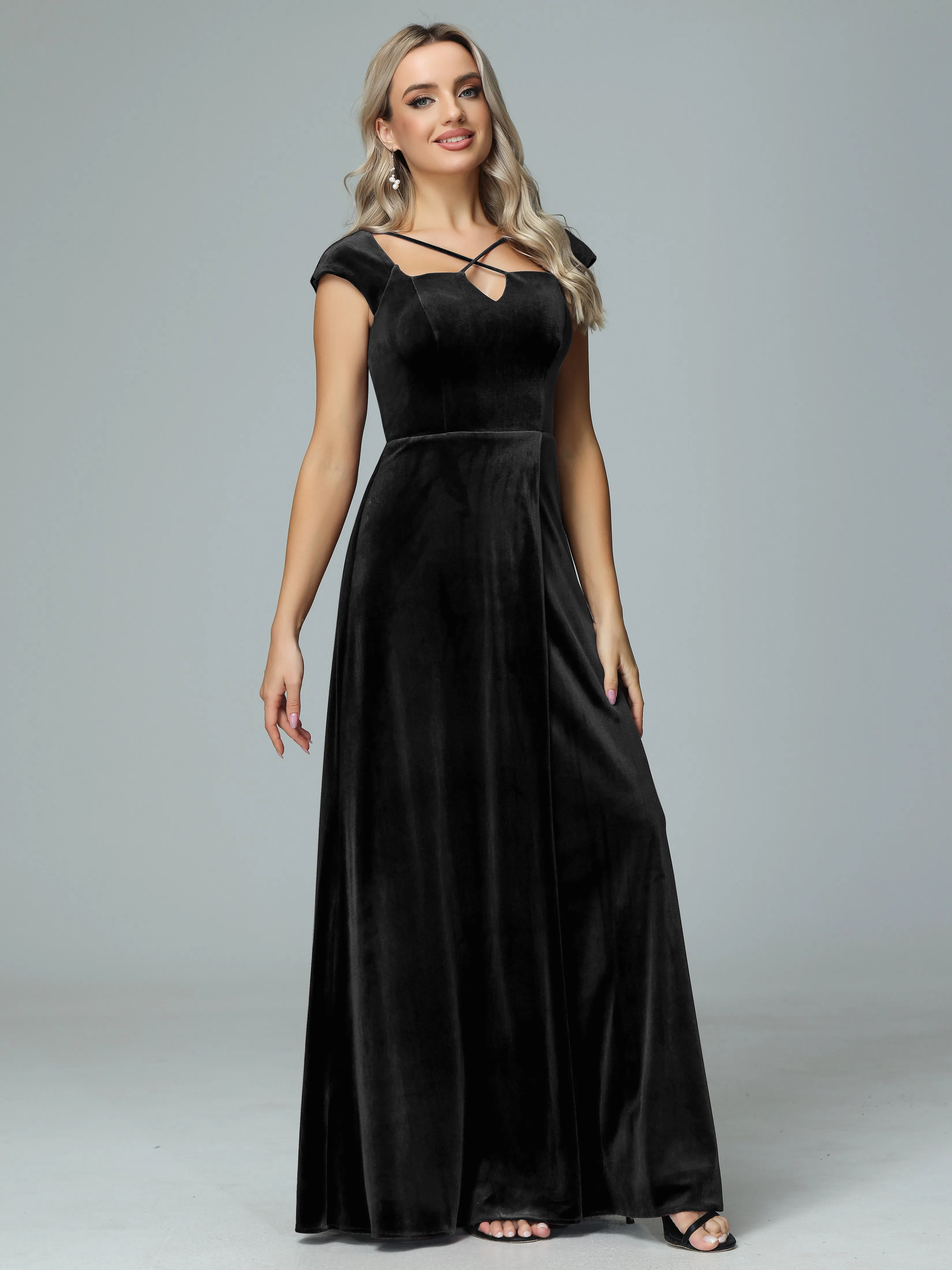 Vintage A-line Cap Sleeves Velvet Bridesmaid Dresses