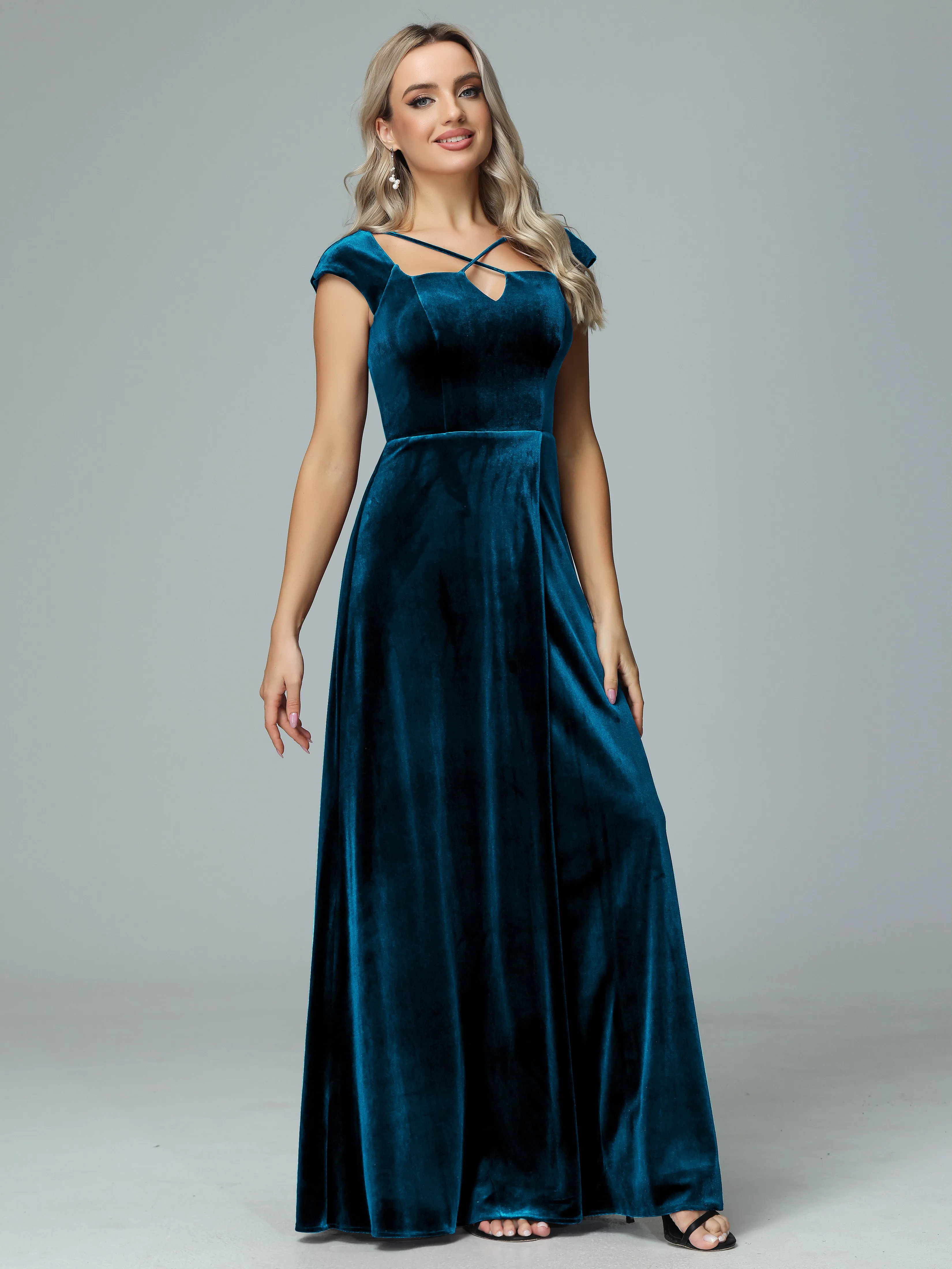 Vintage A-line Cap Sleeves Velvet Bridesmaid Dresses