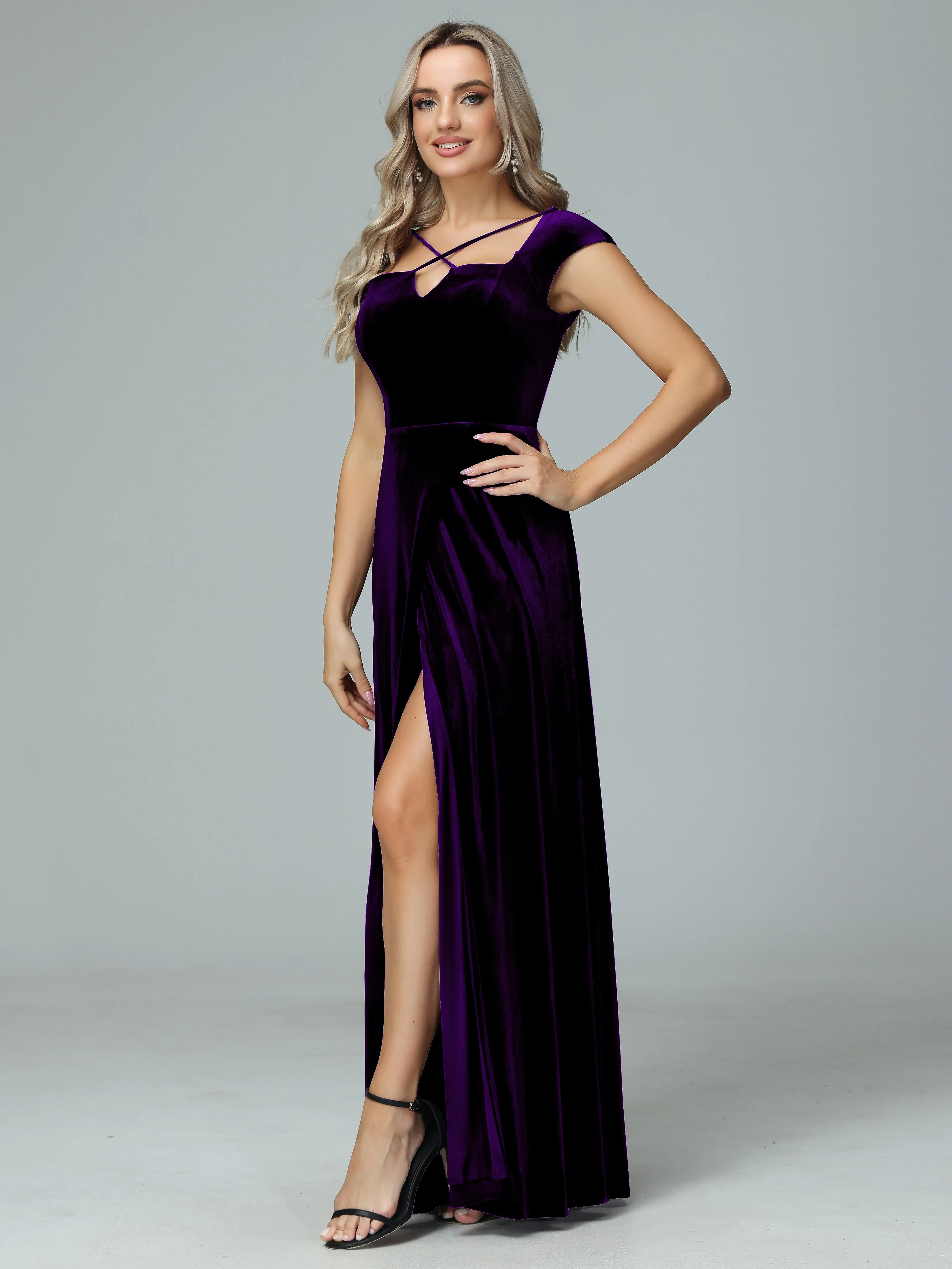 Vintage A-line Cap Sleeves Velvet Bridesmaid Dresses