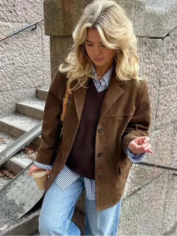 Vintage Business Casual Faux Suede Coat