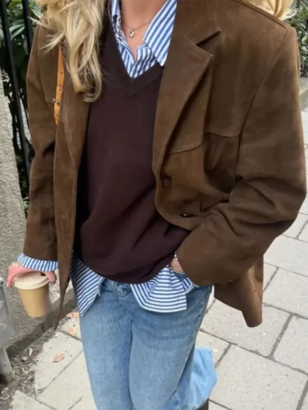 Vintage Business Casual Faux Suede Coat
