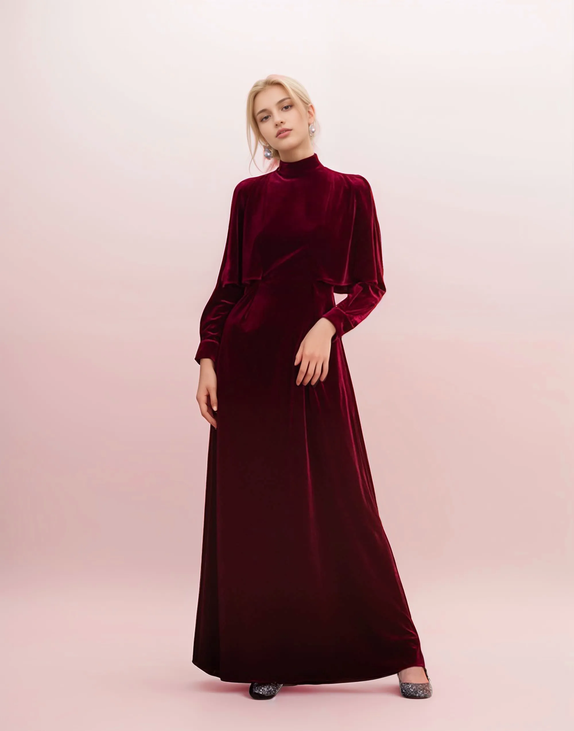 Vintage High Neck Ruffled Cape Long Sleeves A-line velvet prom dress