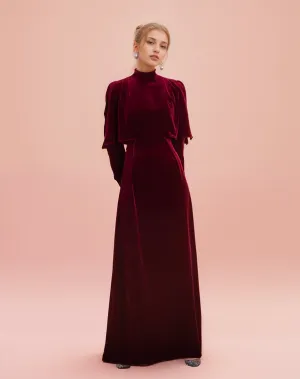 Vintage High Neck Ruffled Cape Long Sleeves A-line velvet prom dress