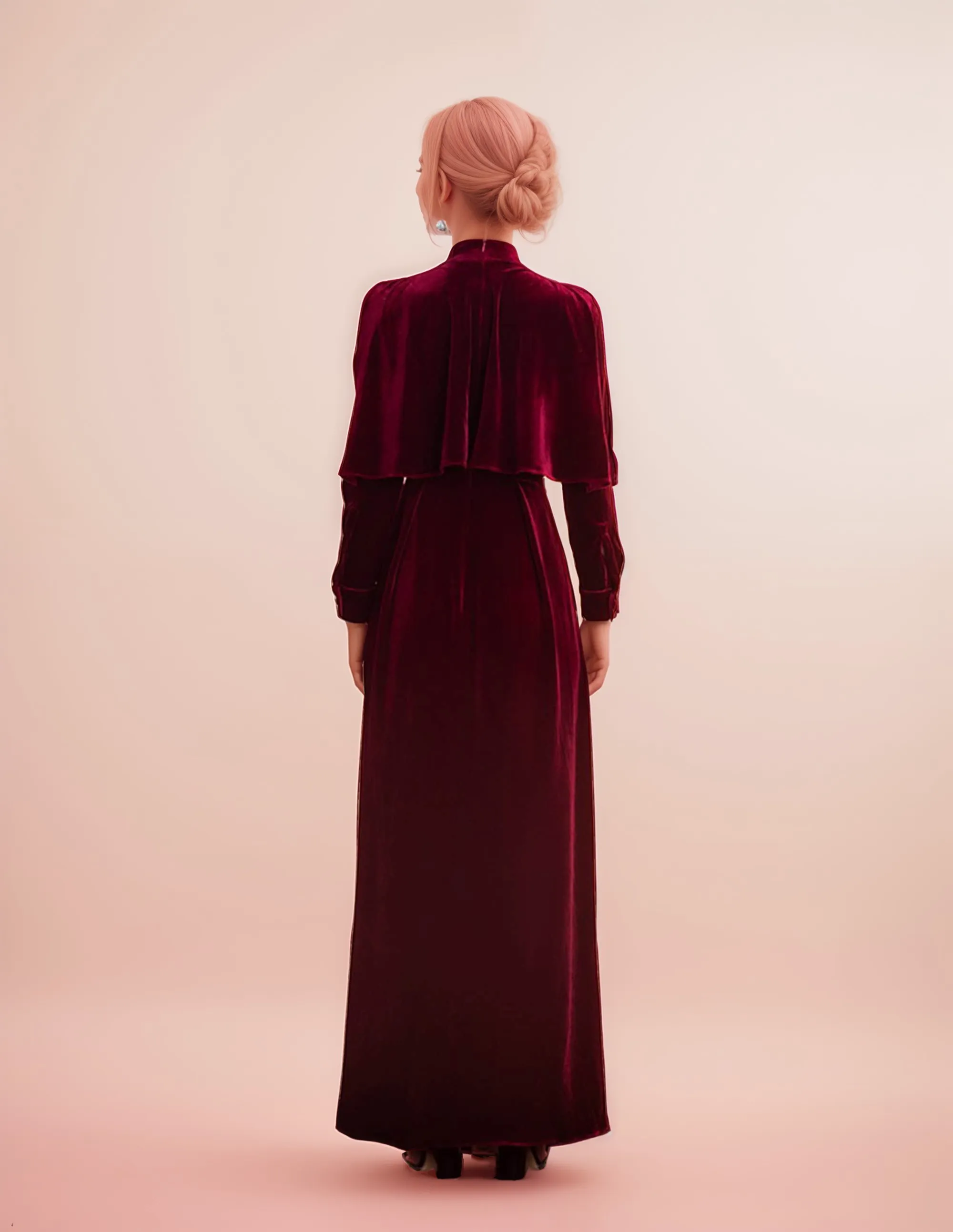 Vintage High Neck Ruffled Cape Long Sleeves A-line velvet prom dress