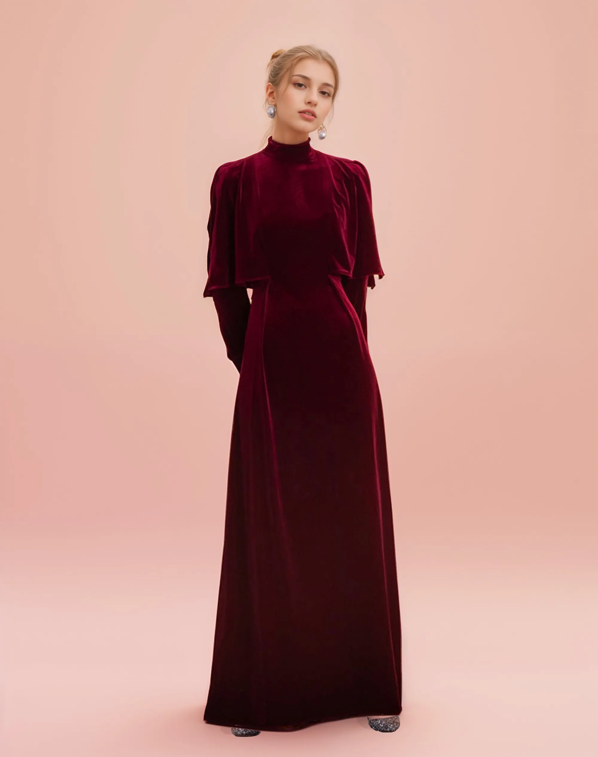 Vintage High Neck Ruffled Cape Long Sleeves A-line velvet prom dress