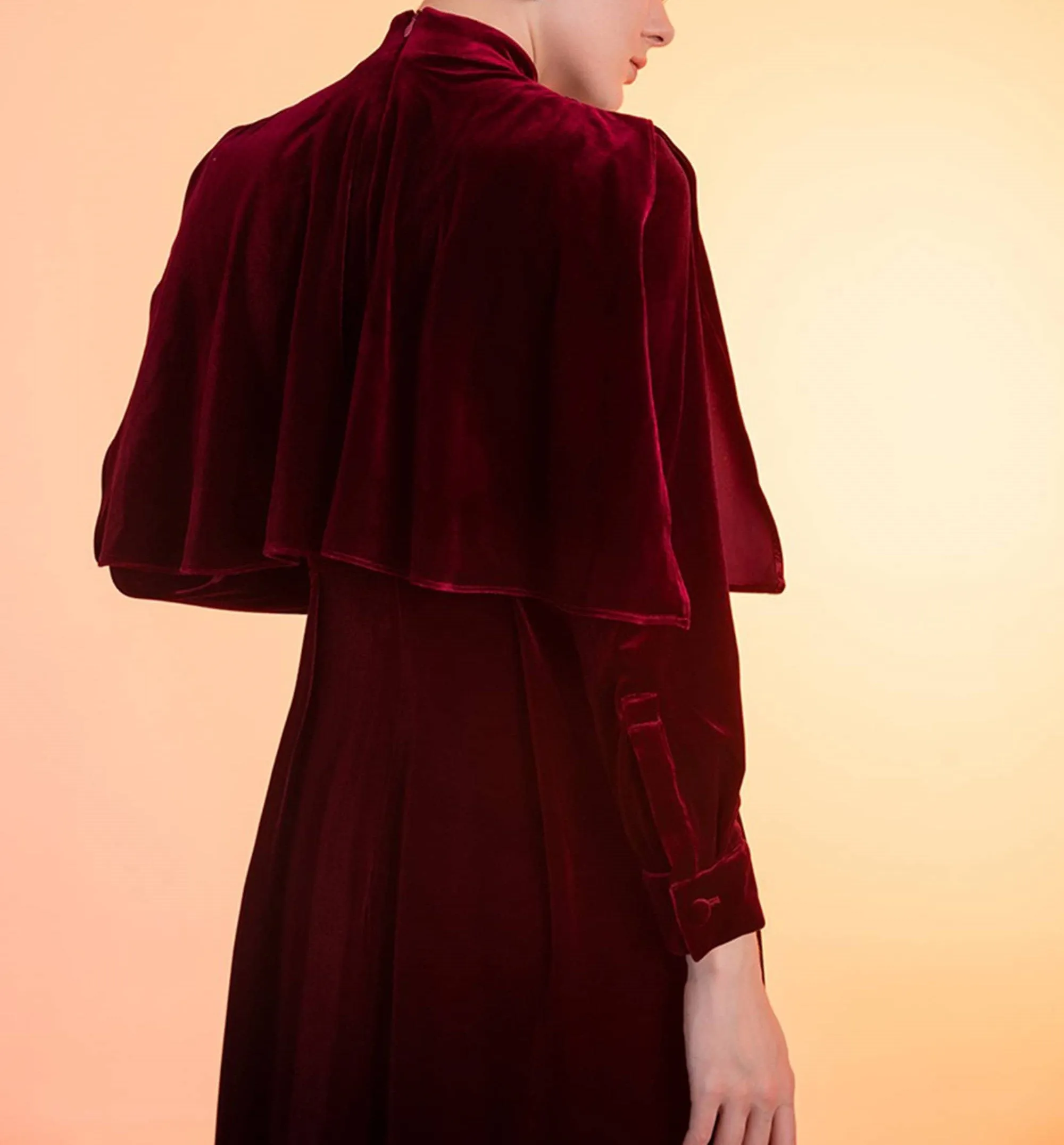 Vintage High Neck Ruffled Cape Long Sleeves A-line velvet prom dress