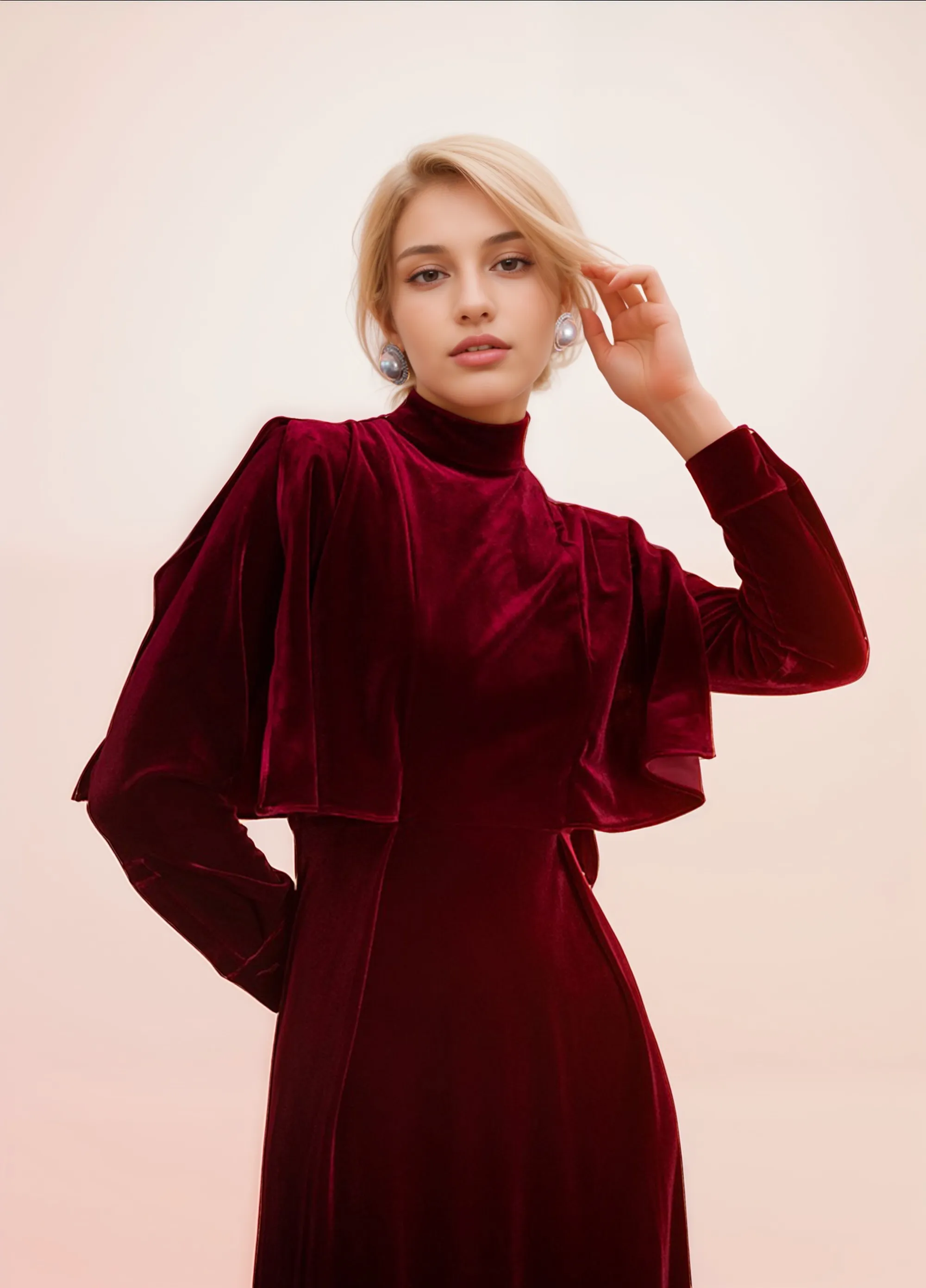 Vintage High Neck Ruffled Cape Long Sleeves A-line velvet prom dress