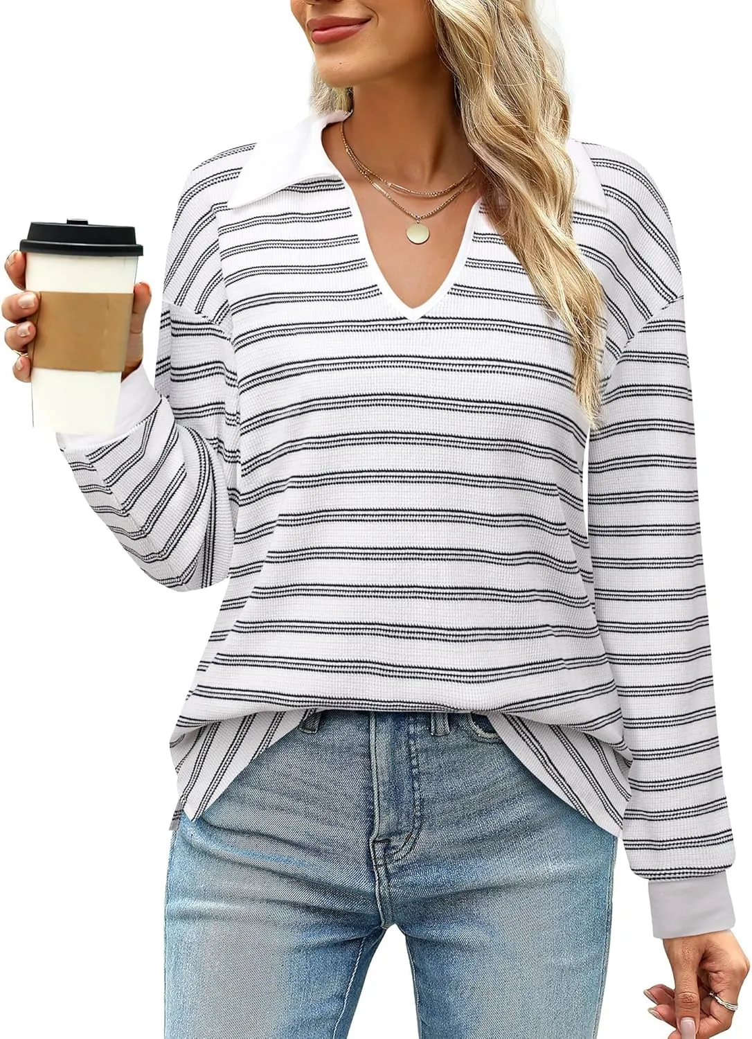 Vivilli Womens Waffle Knit Sweater Tops Long Sleeve Collared V Neck Striped Shirts Trendy Loose Fit Tunic Tops