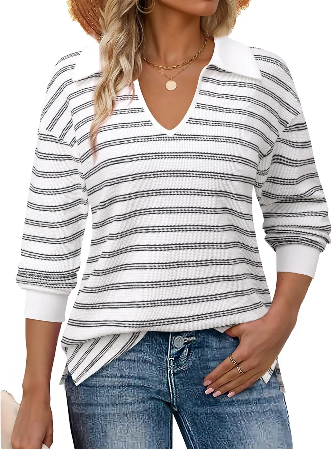 Vivilli Womens Waffle Knit Sweater Tops Long Sleeve Collared V Neck Striped Shirts Trendy Loose Fit Tunic Tops