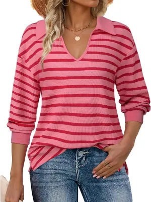 Vivilli Womens Waffle Knit Sweater Tops Long Sleeve Collared V Neck Striped Shirts Trendy Loose Fit Tunic Tops