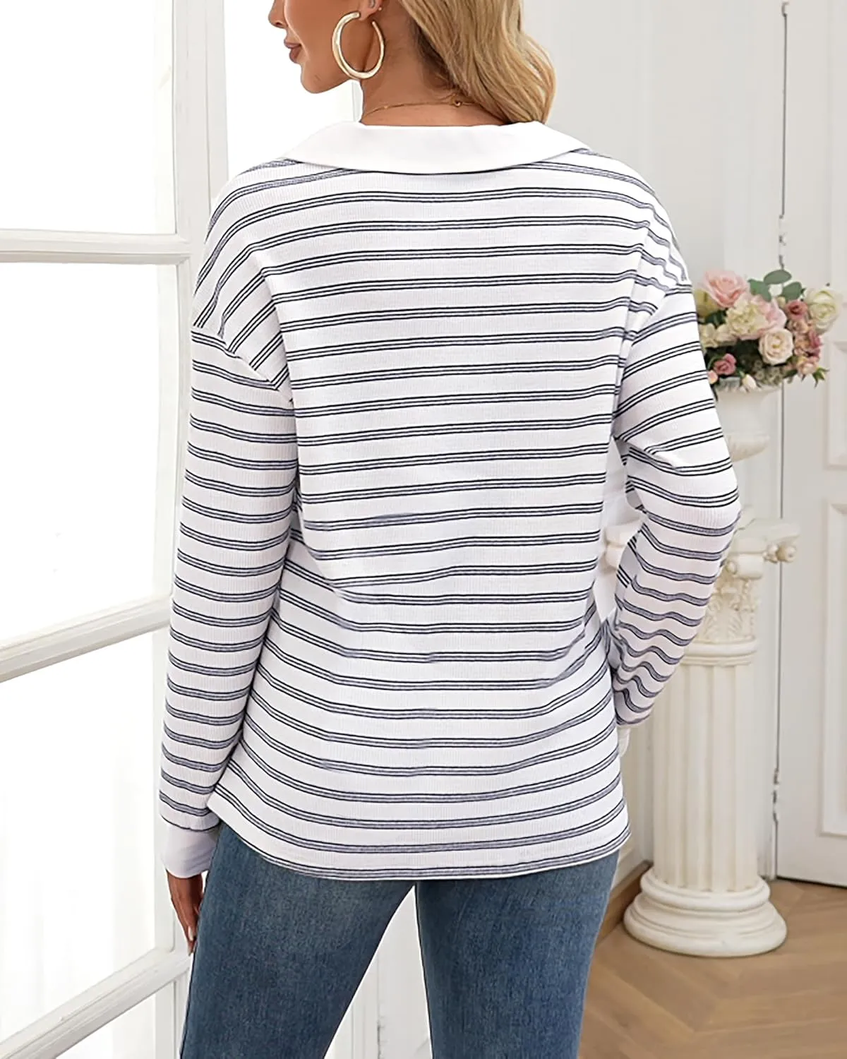Vivilli Womens Waffle Knit Sweater Tops Long Sleeve Collared V Neck Striped Shirts Trendy Loose Fit Tunic Tops