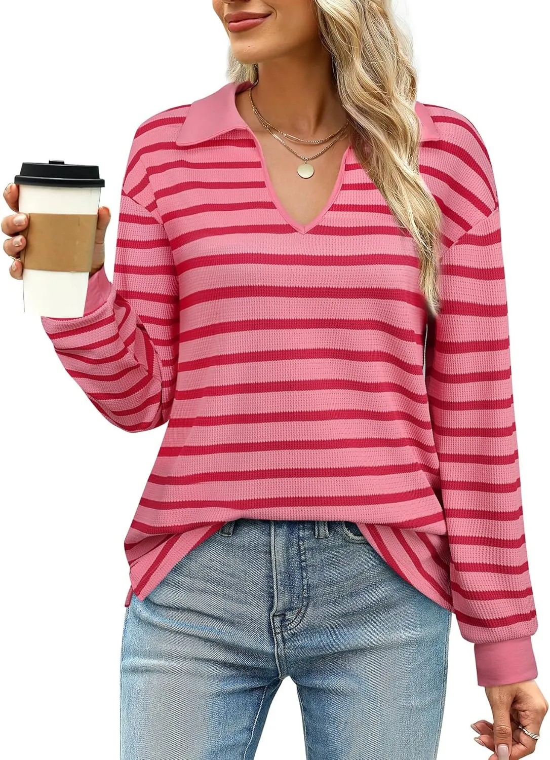 Vivilli Womens Waffle Knit Sweater Tops Long Sleeve Collared V Neck Striped Shirts Trendy Loose Fit Tunic Tops