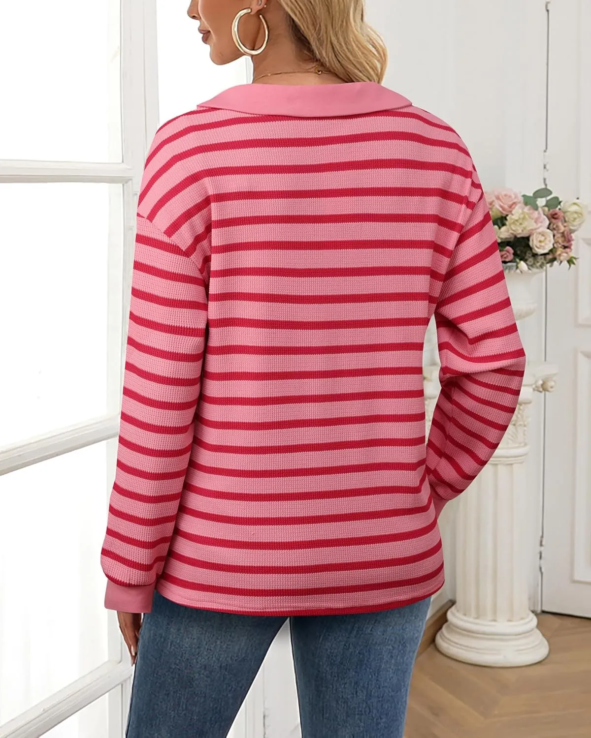 Vivilli Womens Waffle Knit Sweater Tops Long Sleeve Collared V Neck Striped Shirts Trendy Loose Fit Tunic Tops