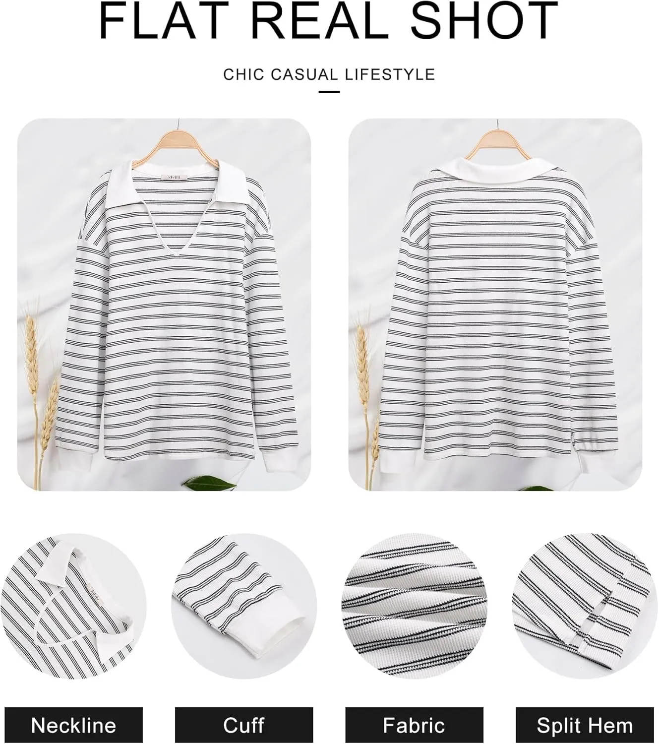 Vivilli Womens Waffle Knit Sweater Tops Long Sleeve Collared V Neck Striped Shirts Trendy Loose Fit Tunic Tops
