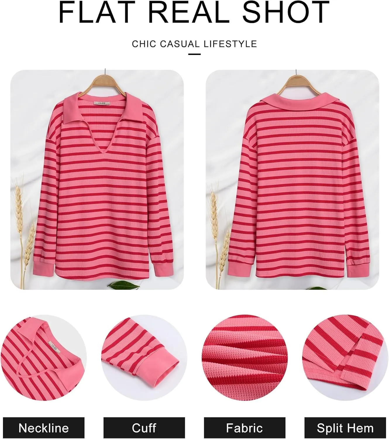 Vivilli Womens Waffle Knit Sweater Tops Long Sleeve Collared V Neck Striped Shirts Trendy Loose Fit Tunic Tops