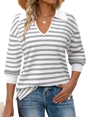 Vivilli Womens Waffle Knit Sweater Tops Long Sleeve Collared V Neck Striped Shirts Trendy Loose Fit Tunic Tops