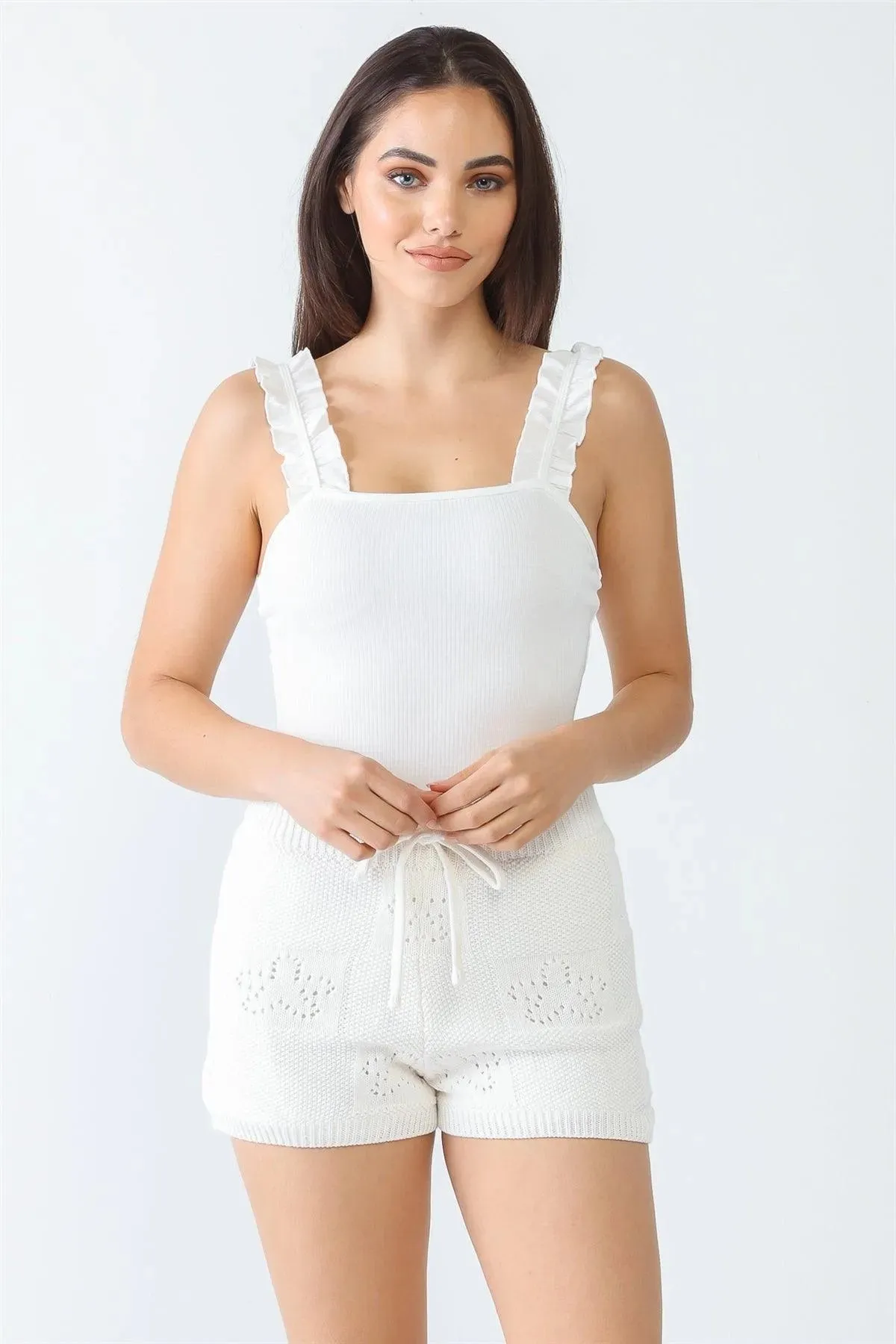 White Knit Cotton Material Flower Embroidery High Waist Shorts /3-2-1